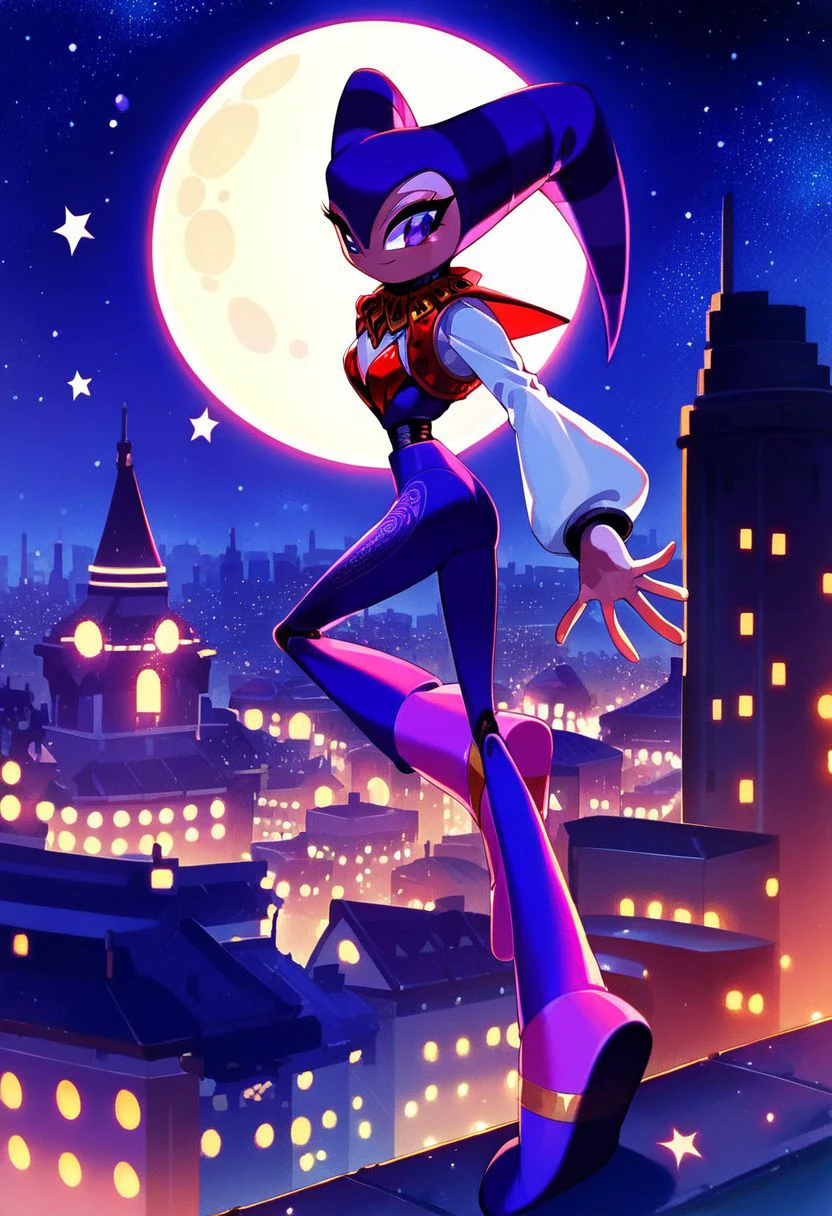 score_9, score_8_up, score_7_up, score_6_up, Nights, Jester, purple eyes, purple bodysuit, white sleeves, oval ruby on chest, 1girl, city background, rooftop, night time, moon, stars, standing on rooftop,  (high res), (beautiful quality), official art, censored,