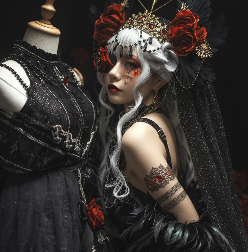 Naked gothic girl,side view,1girl,flower,solo,red flower,rose,dress,red rose,jewelry,ring,hair ornament,black dress,long hair,white hair,tattoo,hair flower,looking at viewer,nail polish,veil,eyepatch,red eyes,breasts,feathers,black nails,brown eyes,bare shoulders,makeup,lipstick,red lips,lips,exquisite makeup,gothic-style clothing,<lora:ä¹é¸¦å°å¥³-000004:0.6>,