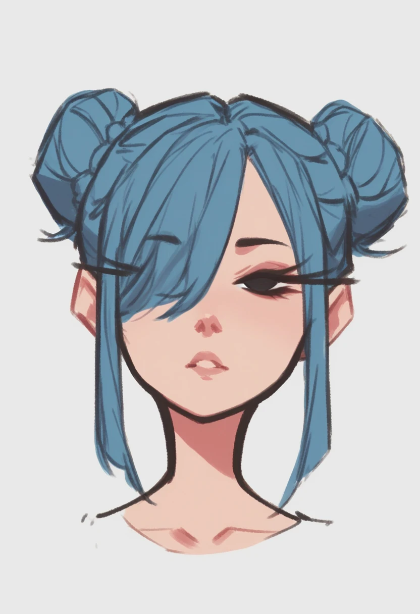 <lora:dijor-v2:1> score_9, score_8_up, score_7_up, dijor, 1girl, solo, portrait, black eyes, eyelashes, hair covering one eye, twin bun hair, blue hair, sketched
