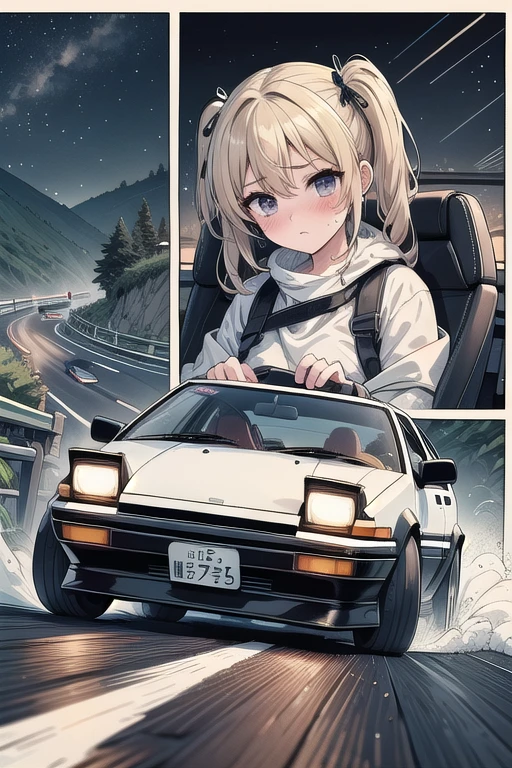 (((masterpiece))), (((best quality))), ((drifting style)), ((comic)), ((manga)), motion lines, motion blur, speed, driving, sports car, holding steering wheel, seatbelt, reflection, wet, dust, wind, cliff, night, slope, uphill, downhill, AE 86, Initial D, mountain road, starry sky, solo, 1girl, blonde hair, twintails, sweating, sweat, ruthless, serious, big tits, shy, blush, slim figure, <lora:50pics_driftingstyle:0.9>