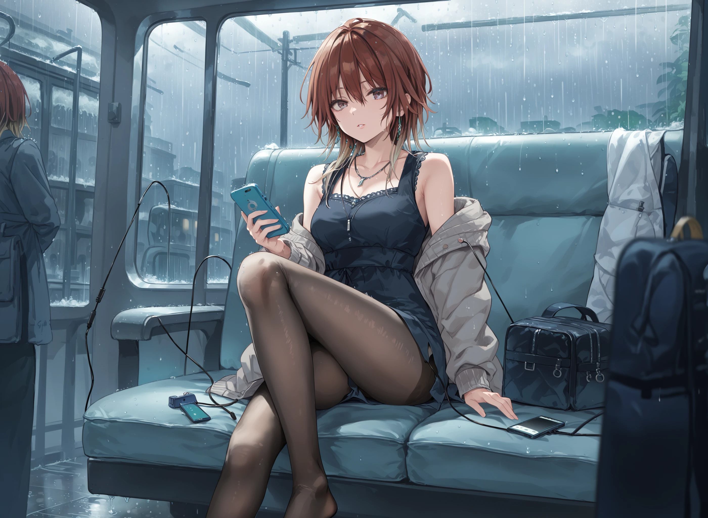 score_9, score_8_up, score_7_up, source_anime,
rain, indoors,
ROUNDLY, 1girl, solo, breasts, looking at viewer, blonde hair, brown hair, long sleeves, dress, holding, jewelry, sitting, brown eyes, jacket, collarbone, multicolored hair, pantyhose, parted lips, sleeveless, off shoulder, necklace, bag, black dress, black pantyhose, sleeveless dress, feet out of frame, gradient hair, phone, cardigan, cellphone, smartphone, holding phone, green jacket, grey jacket, earphones, striped jacket, jacket partially removed, earbuds, car interior,
<lora:Aketa Mikoto-PonyXL-000008:1>