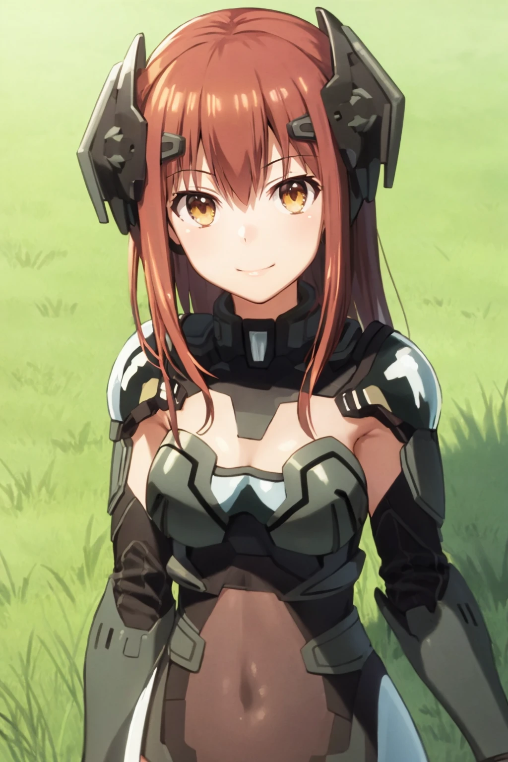 masterpiece, best quality,
1girl, red hair, long hair, yellow eyes, astsuit, armor, 
upper body, smile, looking at viewer, outdoors, grass, meadow background
 <lora:ASTsuit:1>