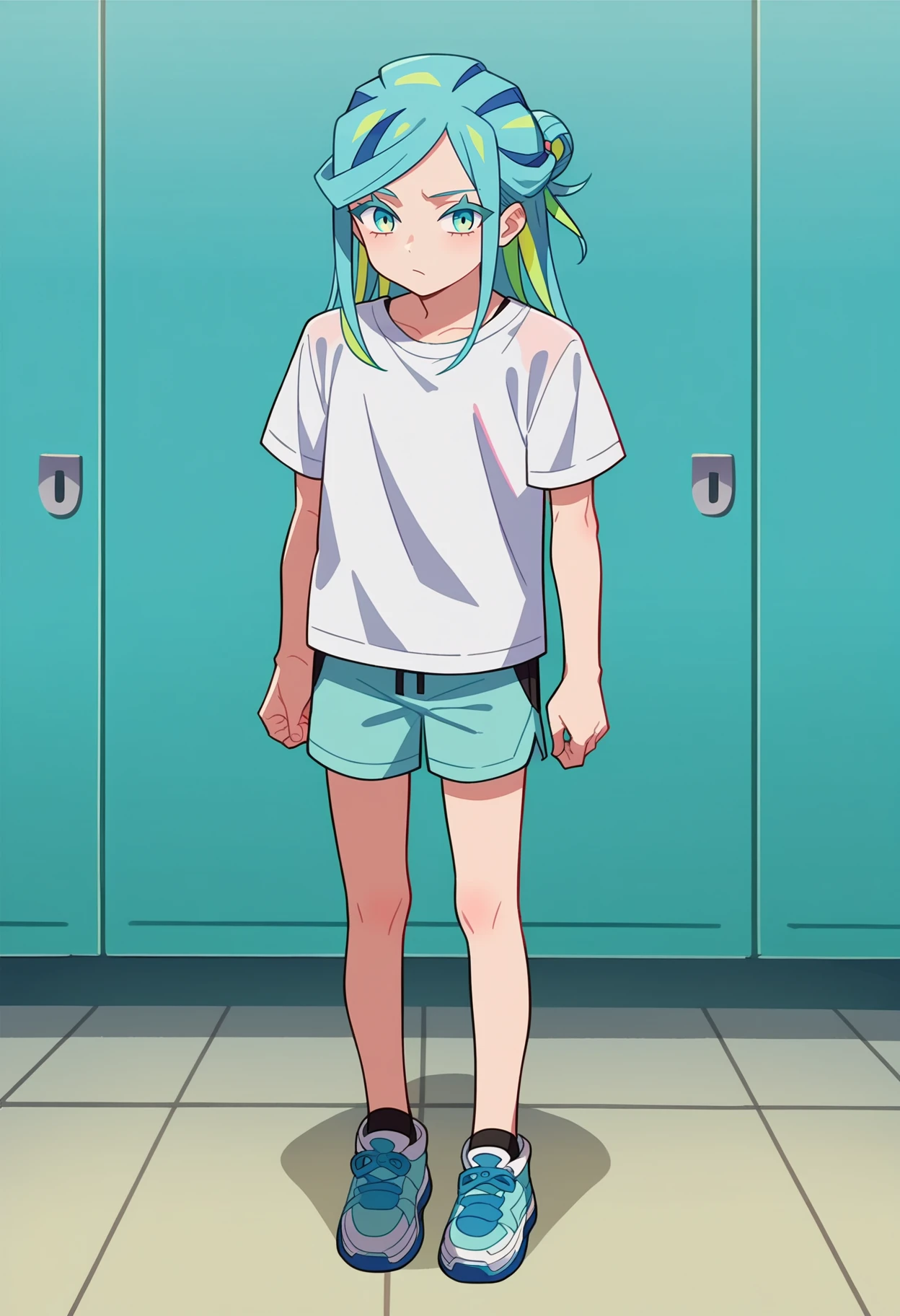 score_9, score_8_up, <lora:PokeBoyGrushaXL_Exotica:1>, 1boy, long hair, aqua eyes, eyelashes, blue hair, green hair, aqua hair, multicolored hair, hair bun, otoko no ko, flat chest, solo, gym shorts, loose white t-shirt, full body, anime screencap, anime coloring, source_anime