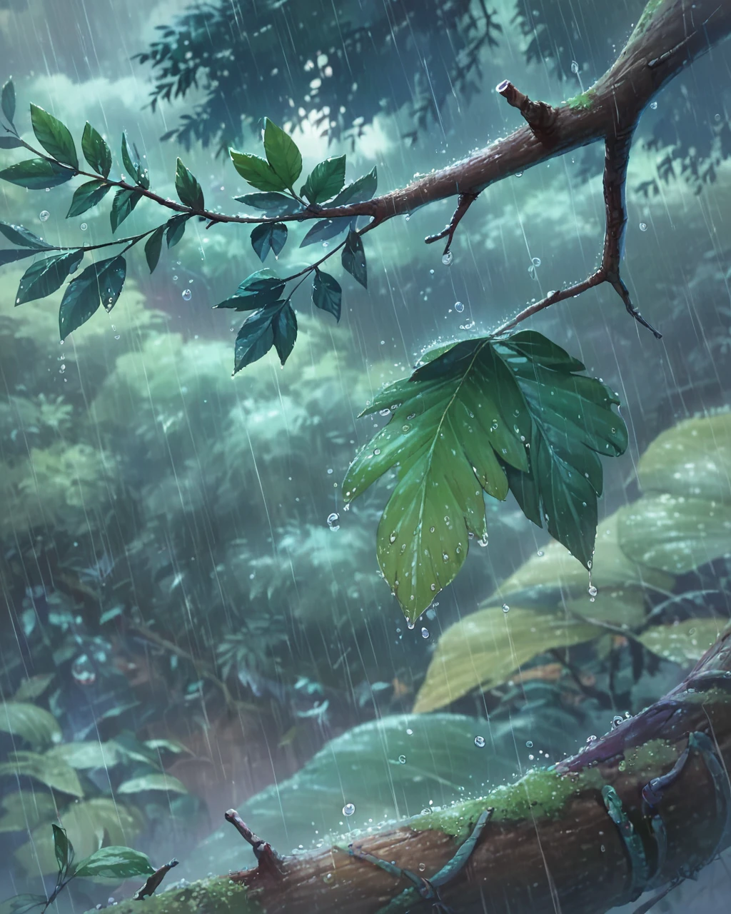 score_9, score_8_up, score_7_up, zPDXL,Shinkaistyle, no humans, scenery, closeup, branch, tree, leaf, nature, rain, outdoors, depth of field, droplets<lora:Shinkai_style:1>