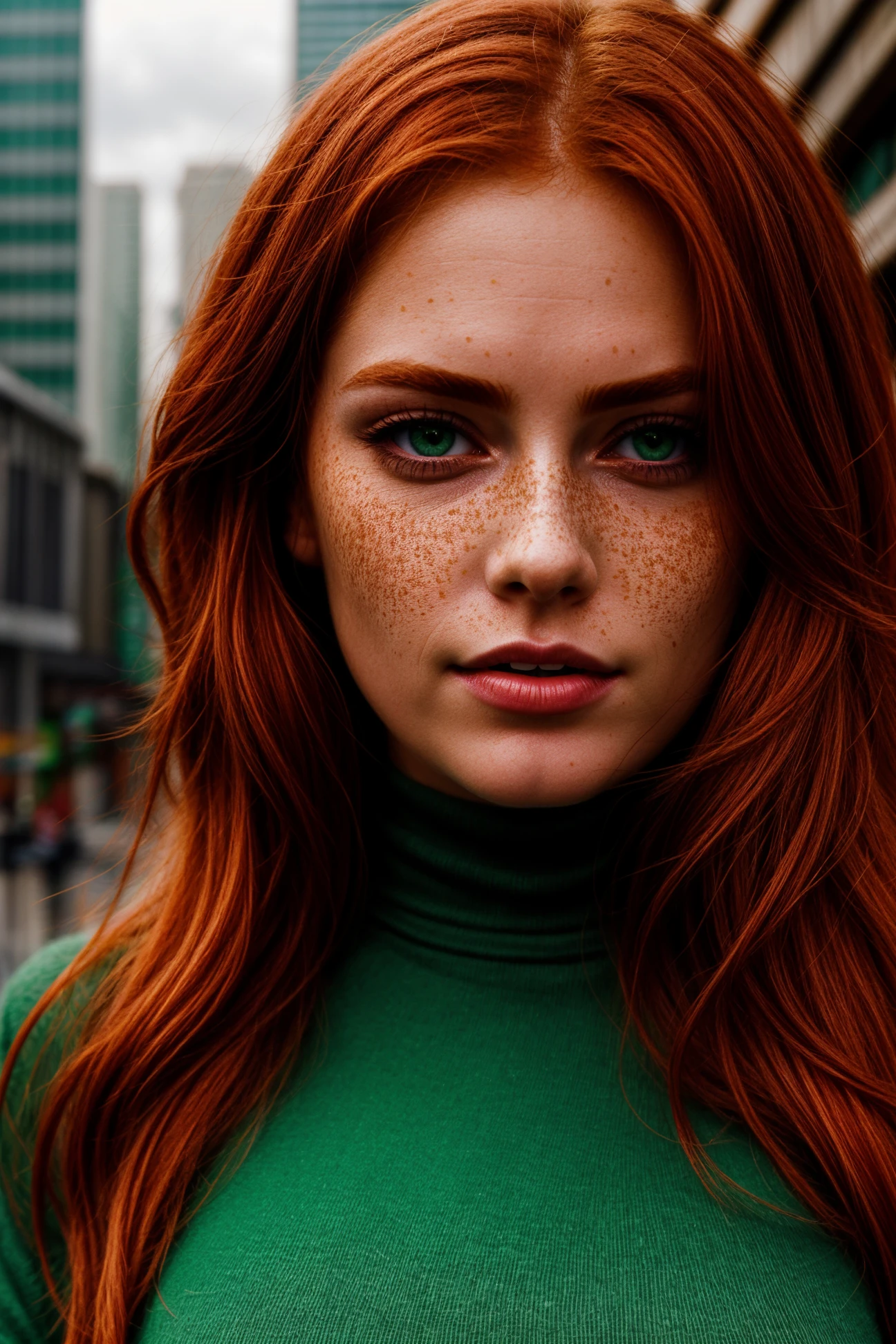 Irish woman, 30 years old, sensual and sexy, exudes a vibrant energy, freckles, ginger hair and captivating green eyes, gracefully navigating the bustling city streets, close-up portrait, detailed, hdr, epic background, line art, digital illustration, comic style, dynamic, highly detailed, artstation, concept art, smooth, sharp focus, detailed background, 60-30-10 color rule, warm tones, godrays, global illumination, detailed and intricate environment<lora:better freckles_epoch_12:0.8> <lora:more_details:1>