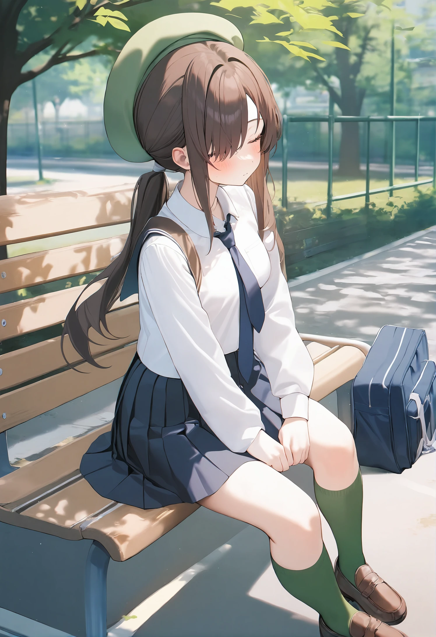 1girl,
kinty,
kneehighs, green socks, bag, hat, closed eyes, shirt, school uniform, skirt, brown eyes, tree, outdoors, bench, serafuku, school bag, collared shirt, beret, blush, ponytail, fence, shoes, on bench, loafers, black hair, necktie, park, hair over one eye, pleated skirt, chain-link fence, solo, brown hair, sitting, white shirt, white socks, socks, long hair, green hat, brown footwear,
masterpiece, best quality, newest
<lora:kinty_image84_2024-03-28_a31-000075:1>