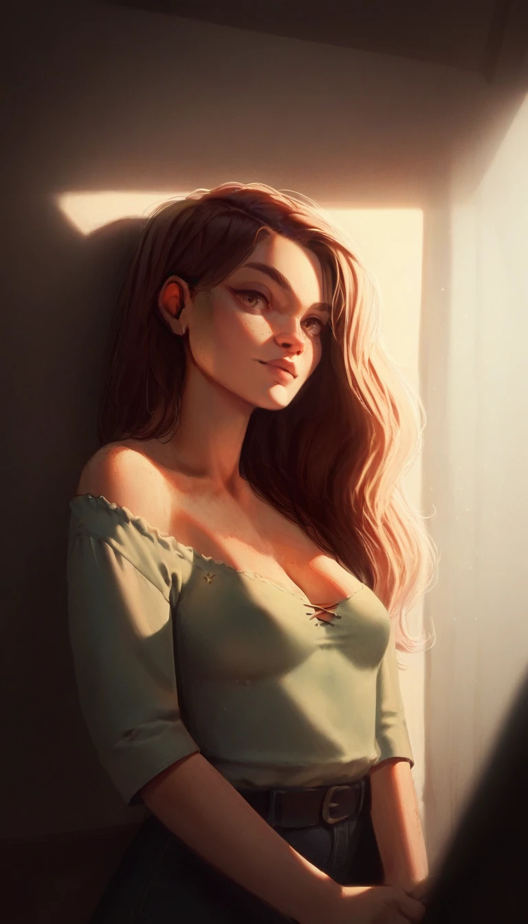 zPDXL, score_9, score_8_up, score_7_up, score_6_up, score_5_up, score_4_up, innocent and alluring, long hair, alternative vibe, beautiful eyes, freckles, medium breasts, subtle cleavage, tight body, slutty, candid picture, (cozy bedroom), off-shoulder shirt, dynamic angle, vibrant lighting, high contrast, dramatic shadows, highly detailed, detailed skin, depth of field, film grain, <lora:renee:1>