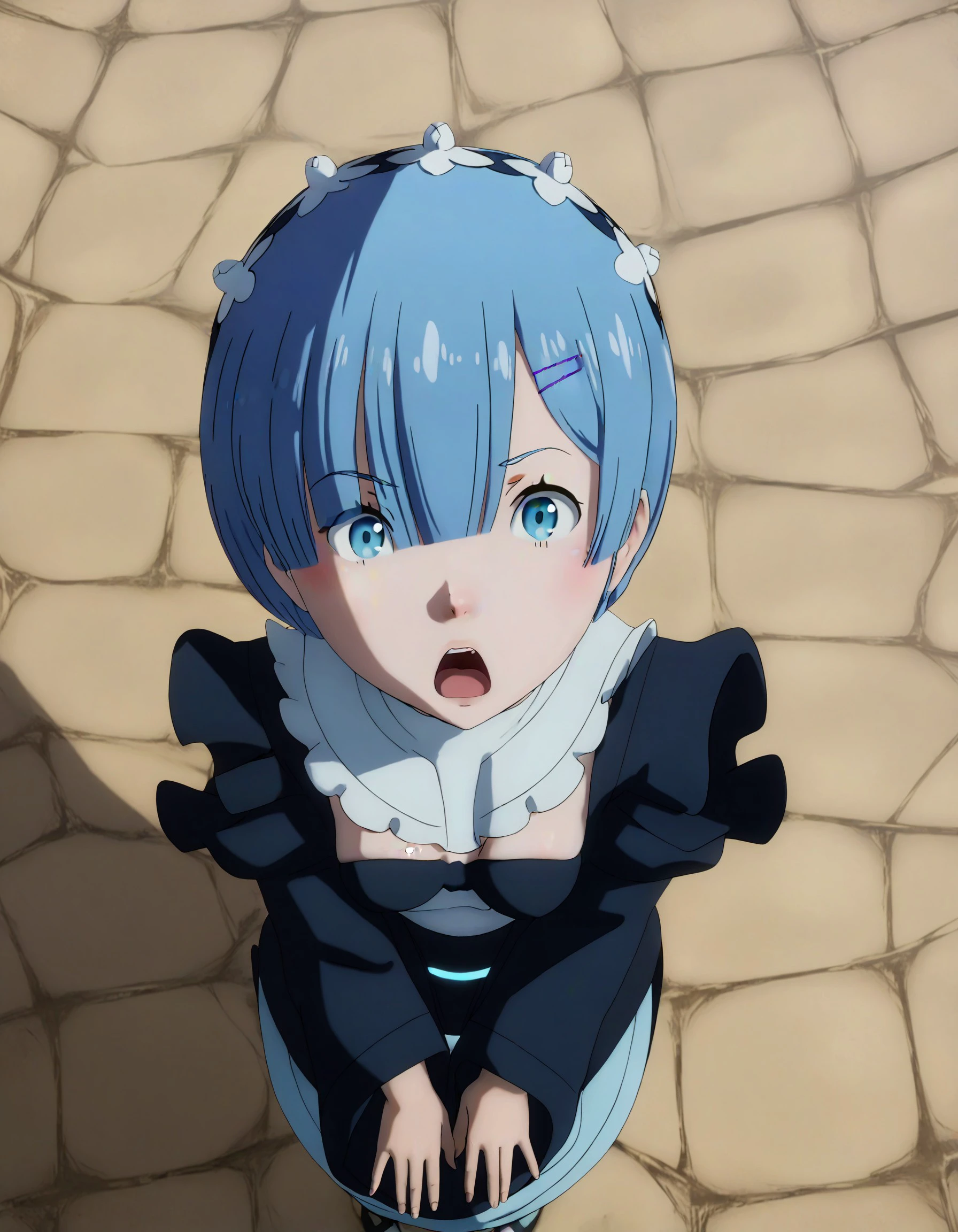1girl, Rem, surprised, looking at viewer, view from above , perspective view, Blue Eye Samurai Style