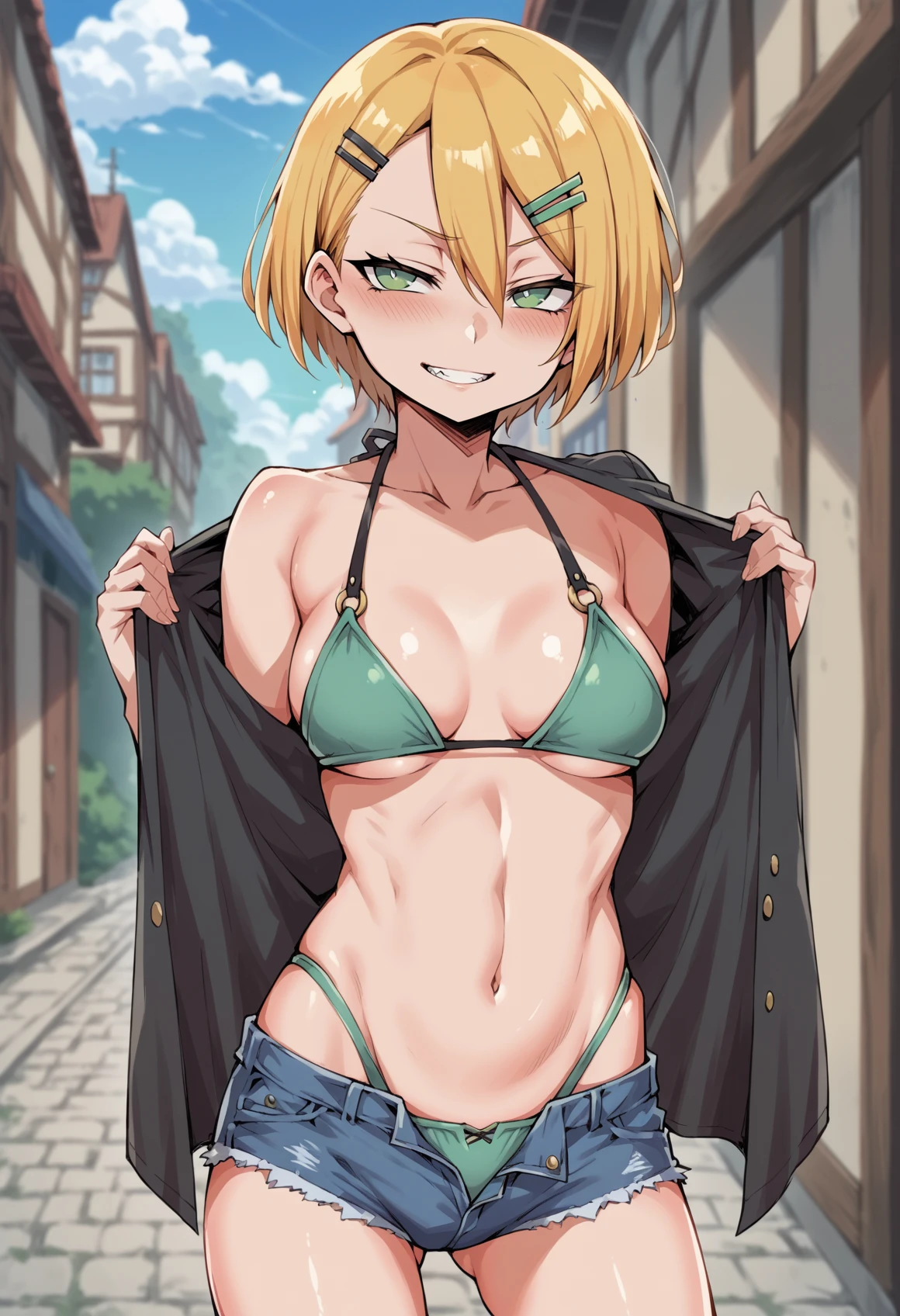 1girl, bikini, black shirt, blonde hair, blush, smug, teeth, breasts, denim, denim shorts, eyelashes, green bikini, green eyes, hair ornament, hairclip, looking at viewer, medium breasts, micro shorts, navel, open fly, shirt, short hair, shorts, solo, standing, swimsuit, undressing, blurry,<lora:senbei_avocadochaya_XL:1>, score_9, score_8_up, score_7_up, score_6_up, score_5_up, score_4_up, BREAK source_anime, masterpiece