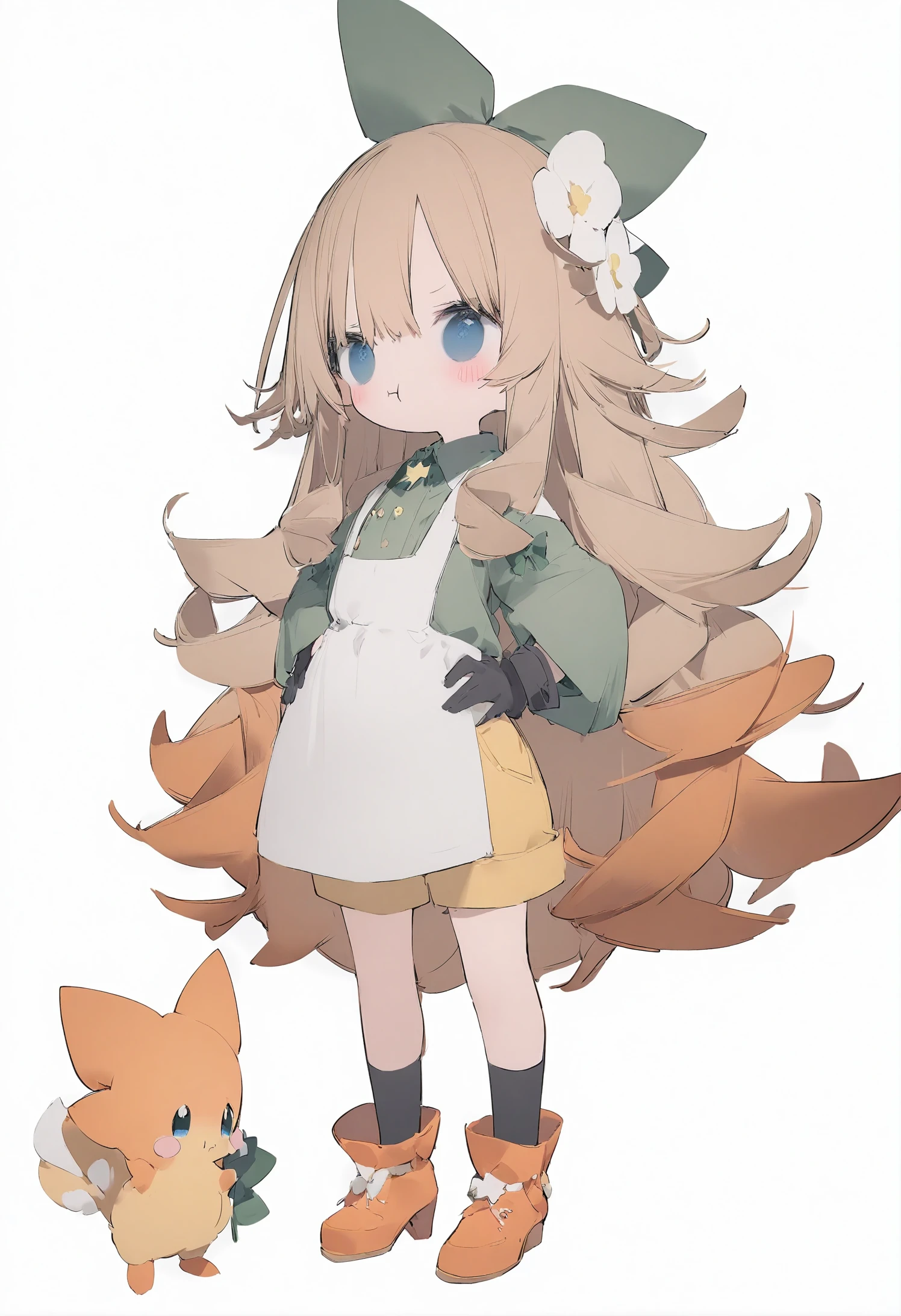 1girl,
nanmokaken,
orange hair, orange footwear, white dress, brown hair, cloud, star \(symbol\), simple background, crossover, wavy hair, hands on own hips, blue eyes, bow, yellow shorts, holding, sidelocks, multicolored hair, full body, :t, gloves, sunglasses, shirt, flower, pout, hair ornament, black legwear, green bow, grey background, hair flower, green shirt, dress, long sleeves, black gloves, blush stickers, gradient hair, very long hair, hair bow, closed mouth, standing, long hair, pokemon \(creature\), shorts, high heels,
masterpiece, best quality, newest, safe
<lora:nanmokaken_image36_2024-03-28_a31-000045:1>