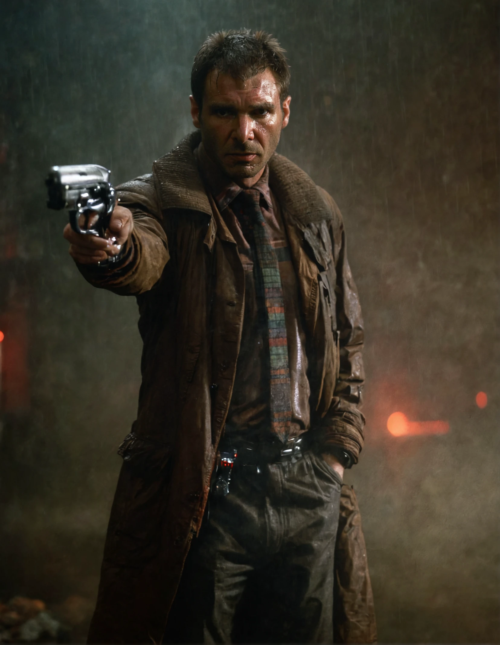 dck,high resolution photo,brown jacket,multicolored shirt and tie,standing,raining,pointing a gun,blade runner background,gloomy,dimly lit
,volumetric lighting,volumetric fog,front view,cinematic,movie still,looking at viewer,volumetric lighting,rim lighting,illuminated face,realistic skin,pores,sweaty skin