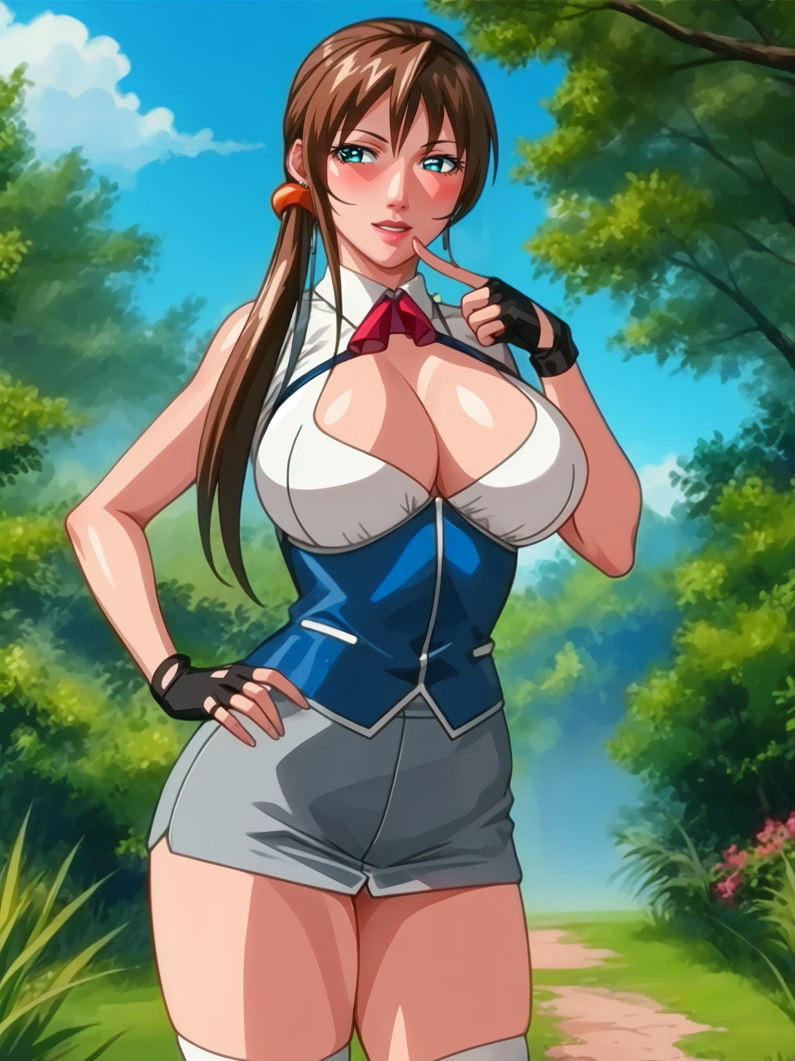 high quality, masterpiece,
high quality, masterpiece,
Imari Kurumi is standing, cowboy girl, finger to mouth, hand on own hip,
1girl, mature female, solo,
(looking at viewer:1.1), seductive smile, parted lips, half-closed eyes, blush, naughty face,
brown hair, sidelocks, side ponytail, green eyes, earrings, hair tie,
white shirt, blue vest, blue miniskirt, grey thighhighs, fingerless gloves,
curvy, large breasts, cleavage, thighs,
outdoors, tree, park, garden, grass, complex background, epic, day, blue sky,
<lora:ImariKurumiNewTestament15:1>