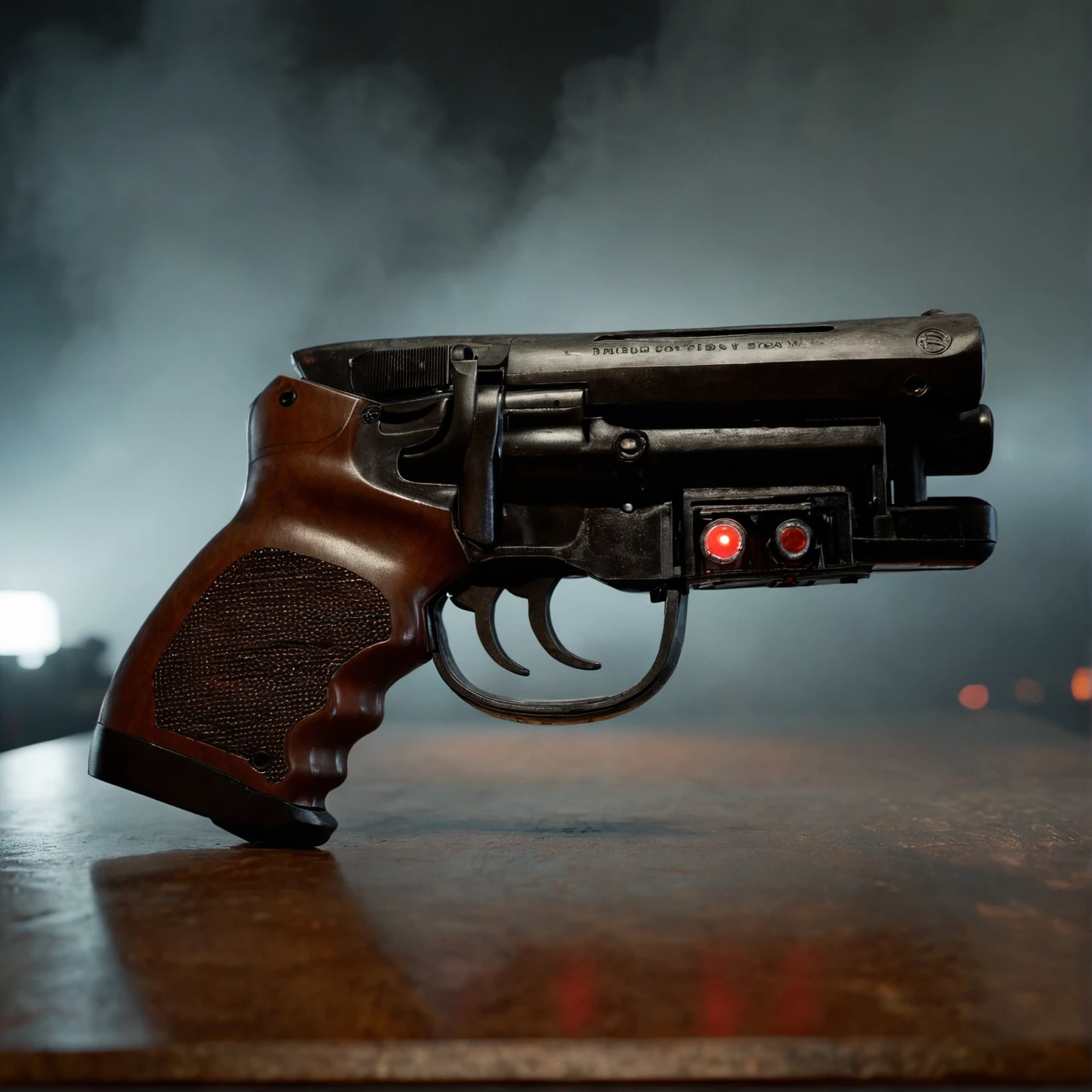 gun on a table,high resolution photo,gloomy,dimly lit
,volumetric lighting,volumetric fog,front view,cinematic,movie still,looking at viewer,volumetric lighting,rim lighting,illuminated face,realistic skin,pores,sweaty skin