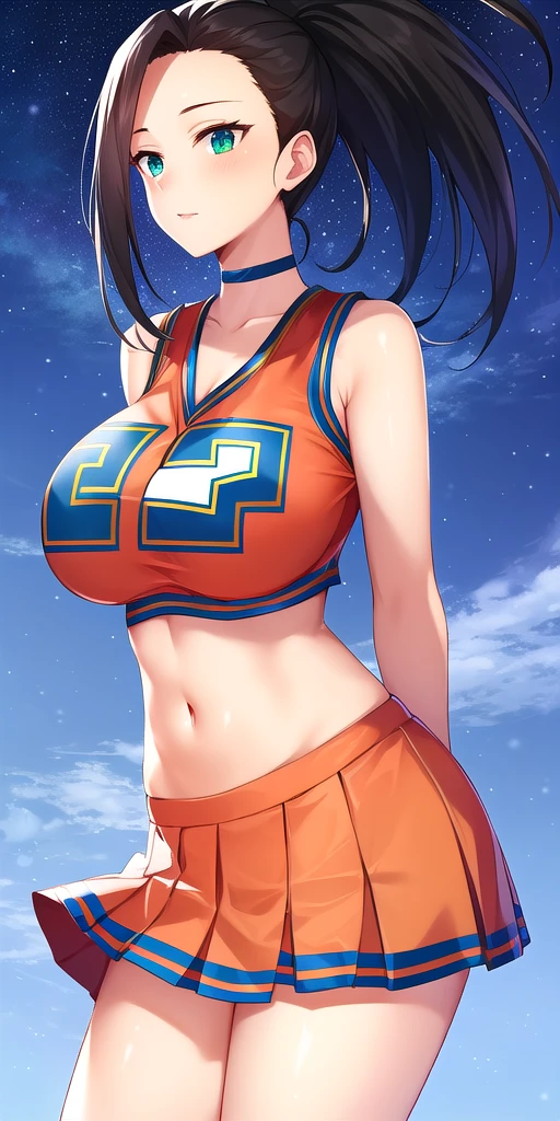 <lora:YaomomoV5:0.7> yaomomo, huge_breasts, standing, solo, arms_behind_back, starry_sky, cheerleader_orange_crop_top_orange_miniskirt_green_choker,, masterpiece, best_quality, detailed_face, detailed_eyes, highres, beautiful, detailed, absurdres,