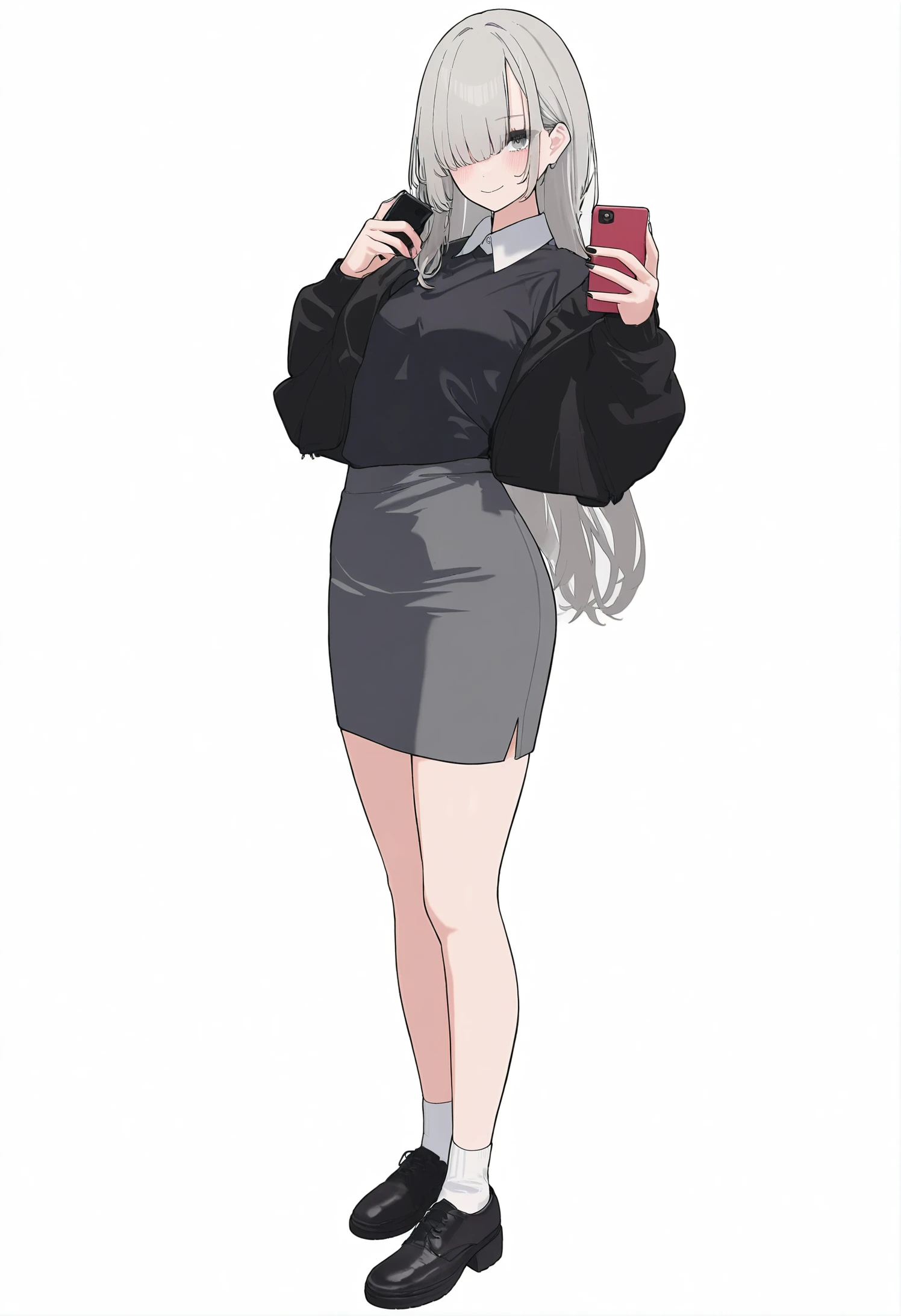 1girl,
luvluvvox,
hair over one eye, sidelocks, shirt, black footwear, black jacket, black suit, white background, brown footwear, simple background, one eye covered, shoes, white socks, miniskirt, grey skirt, breasts, suit, small breasts, grey hair, long hair, skirt, holding phone, full body, looking at viewer, sweater, collared shirt, solo, standing, closed mouth, pencil skirt, white shirt, holding, socks, grey eyes, jacket, cellphone, phone, long sleeves, black sweater, blush, eyebrows hidden by hair, smartphone, very long hair, crossed legs, smile,
masterpiece, best quality, newest
<lora:luvluvvox_image58_2024-03-28_a31-000055:1>