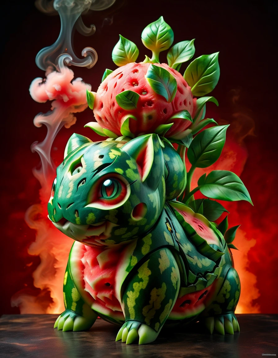 ral-wtrmln, Bulbasaur, very Striking and Giant, Smoky Conditions, Relaxed, masterpiece, immense, <lora:ral-wtrmln-sdxl:0.7>, inspired, fine artistic composition, dynamic composition, full color, luxury, romantic, very coherent, beautiful composition