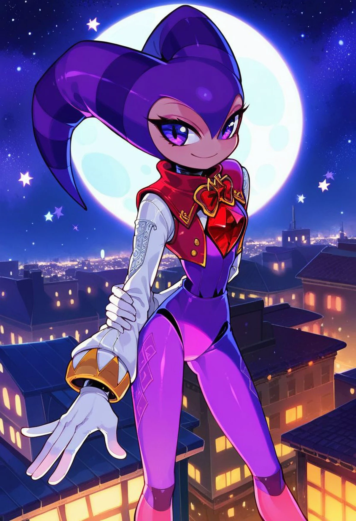 score_9, score_8_up, score_7_up, score_6_up, Nights, Jester, purple eyes, purple bodysuit, white sleeves, oval ruby on chest, white gloves, 1girl, city, rooftop, night time, moon, stars, standing on rooftop,  (high res), (beautiful quality), official art, censored, hand behind back, realistic body,