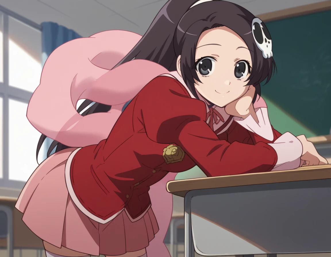 score_9, score_8_up, score_7_up, source_anime,
eluciadeluteima, <lora:elucia-de-lute-ima-s1s2-ponyxl-lora-nochekaiser:1>,
elucia de lute ima, forehead, black hair, black eyes, hair ornament, skull hair ornament, ponytail,
skirt, thighhighs, zettai ryouiki, school uniform, shirt, red shirt, shawl, harogomo, pink skirt, puffy sleeves, juliet sleeves, long sleeves,
indoors, classroom, bent over, smile,
looking at viewer, cowboy shot, solo, dutch angle,