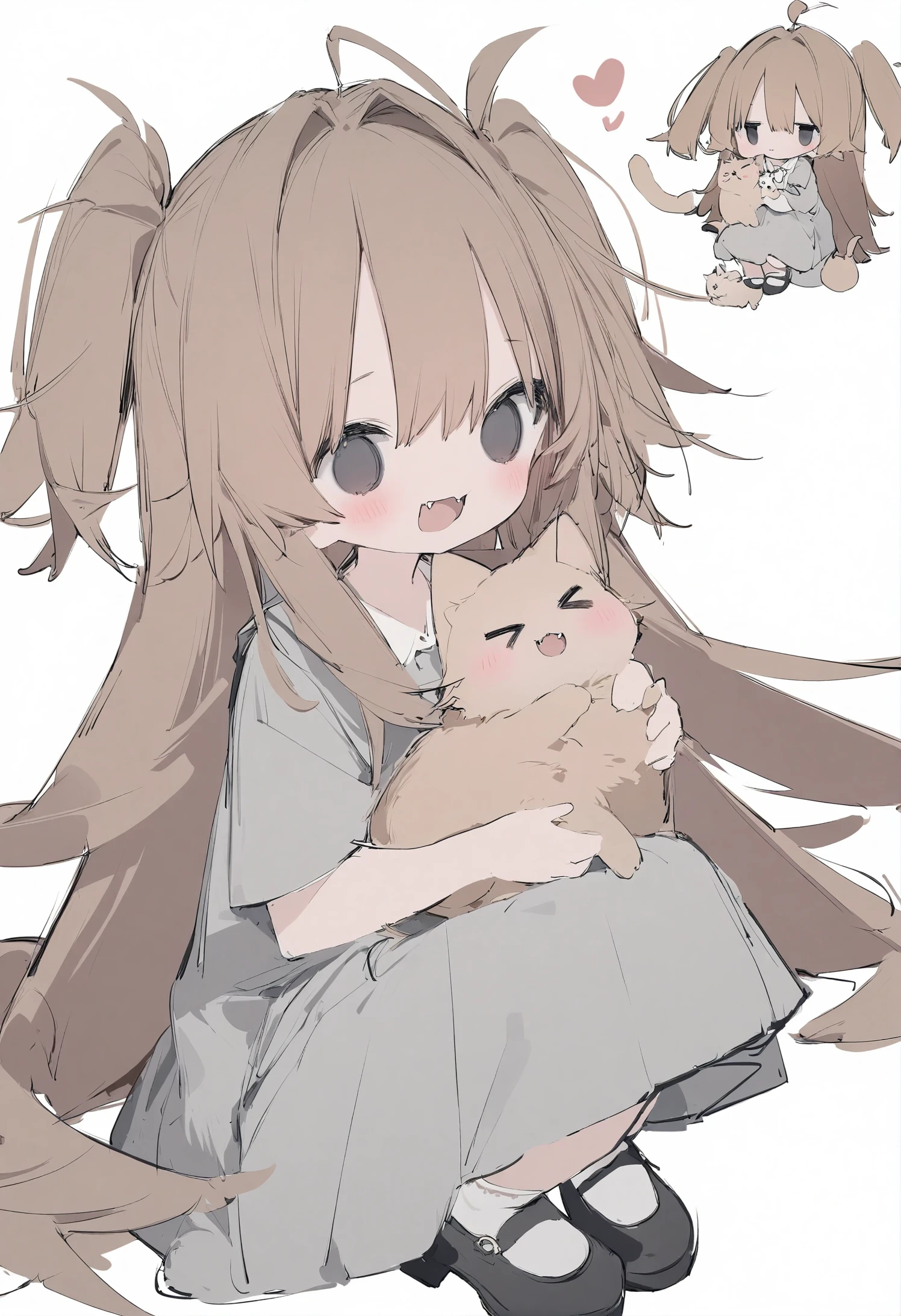 1girl, 
nanmokaken, 
two side up, heart, fangs, open mouth, white socks, virtual youtuber, holding, closed mouth, brown hair, very long hair, long hair, shoes, frown, black eyes, white background, holding animal, mary janes, blush, closed eyes, >_<, animal, socks, cat, multiple views, simple background, squatting, sketch, dress, black footwear, hair intakes, grey dress, smile, holding cat, 
masterpiece, best quality, newest,  safe
 <lora:nanmokaken_image36_2024-03-28_a31-000045:1>