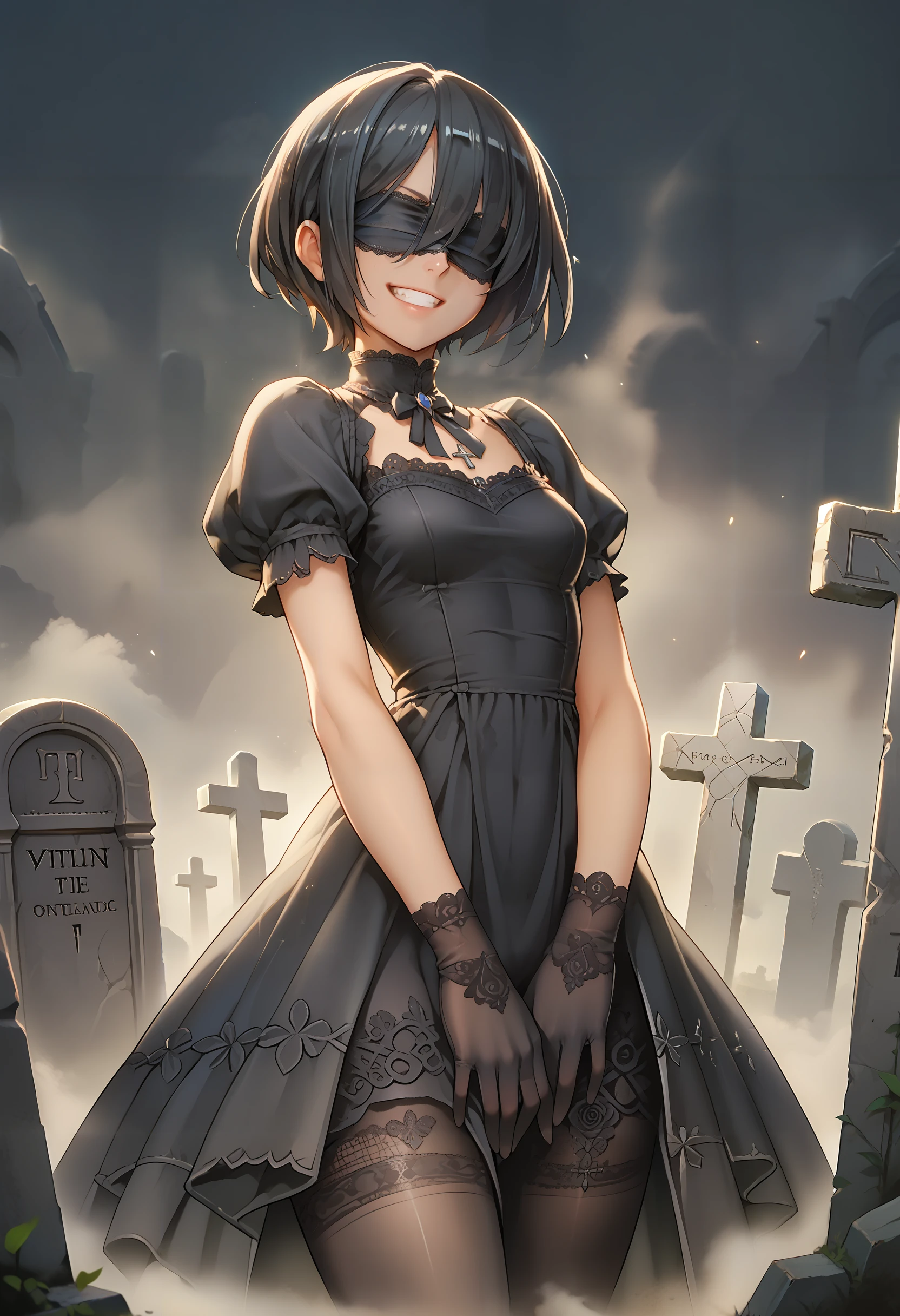 score_9, score_8_up, score_7_up, score_6_up, source_anime, masterpiece, newest,
1girl, solo, skinny, elegant gothic dress, fine fabric detail, ((lace pantyhose, lace gloves)), black hair, hair covering eyes, bob haircut, evil grin, cemetery , blindfold, pantyhose,
shiny skin, simple background, dark background, at night, fog