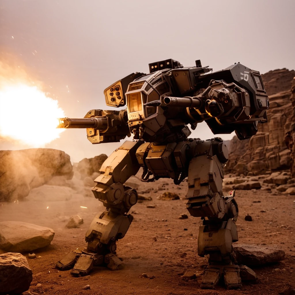 <lora:mecha:1>, 50mm, ISO 1000, 1/250s, natural light, photograph, highly detailed, mecha, robot, brown skin, damaged, night, glass windsheild, outdoors, desert, smoke, dust, rock, battle, size difference, cold light, burning, firing, arm cannon