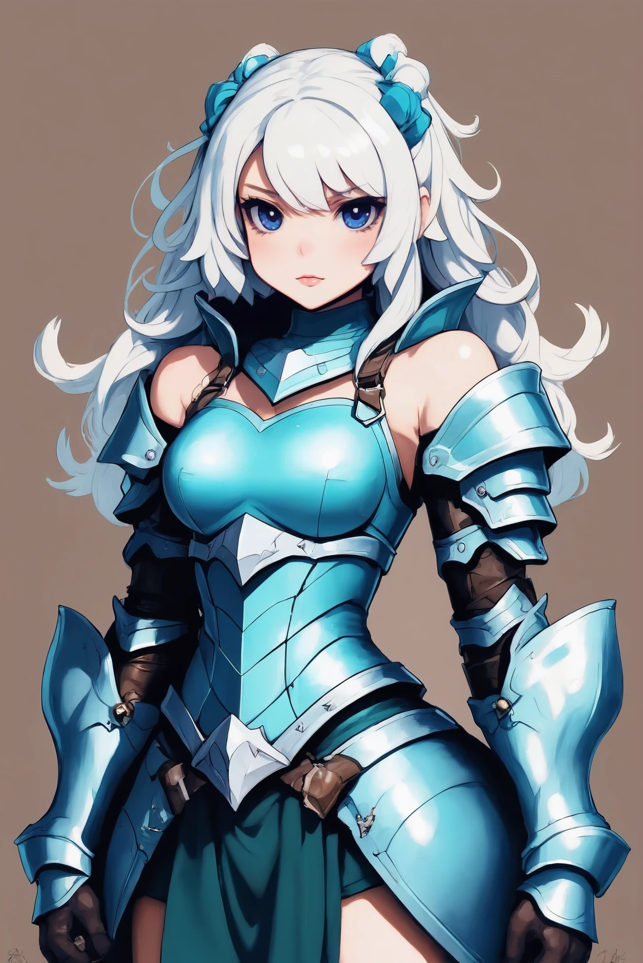 anime digital painting, 1girl, woman, rough digital painting, (full body:1.25), 1girl, solo, [:epic costume design,:0.2] beast tamer, (magic mithril plate armor,gauntlets,helmet,greaves,chestplate,pauldrons:1.4), (dark skin:1.3), bombshell white hair, hair bobbles, (bulky:1.3) build, simple background, moba character concept art, bombshell hair, white hair, Mermaid Braid, hourglass figure, caucasian, Main Engineering Room \(room\) <lora:EnvyStarlightDivergent01a:1.25>