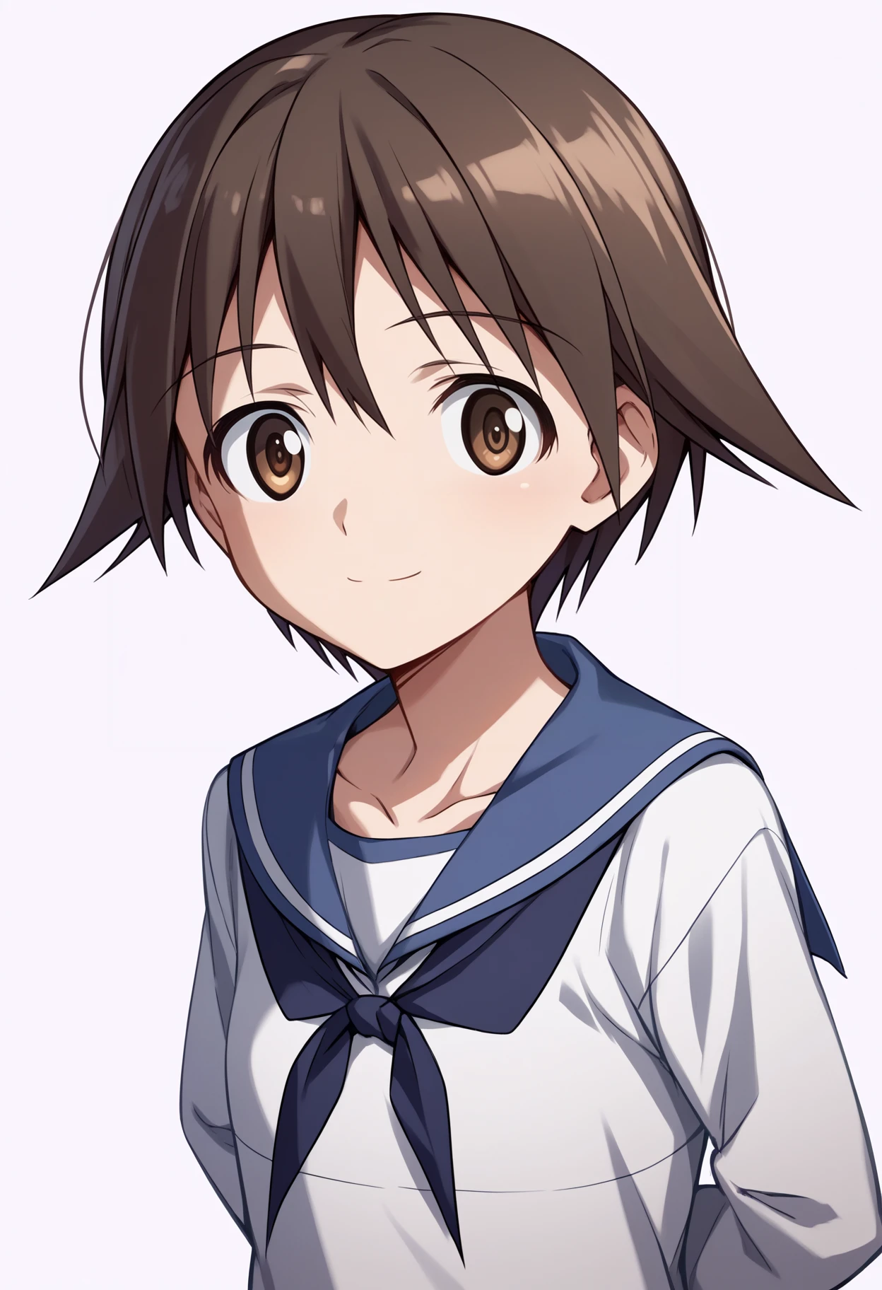 score_9, score_8_up, score_7_up, score_6_up, score_5_up, score_4_up, BREAK, source_anime,
1girl, miyafuji yoshika, brown eyes, brown hair, short hair,
school uniform, serafuku,
arms behind back, upper body, smile, looking at viewer, solo, simple background, white background     <lora:YoshikaMiyafujiXL:1>