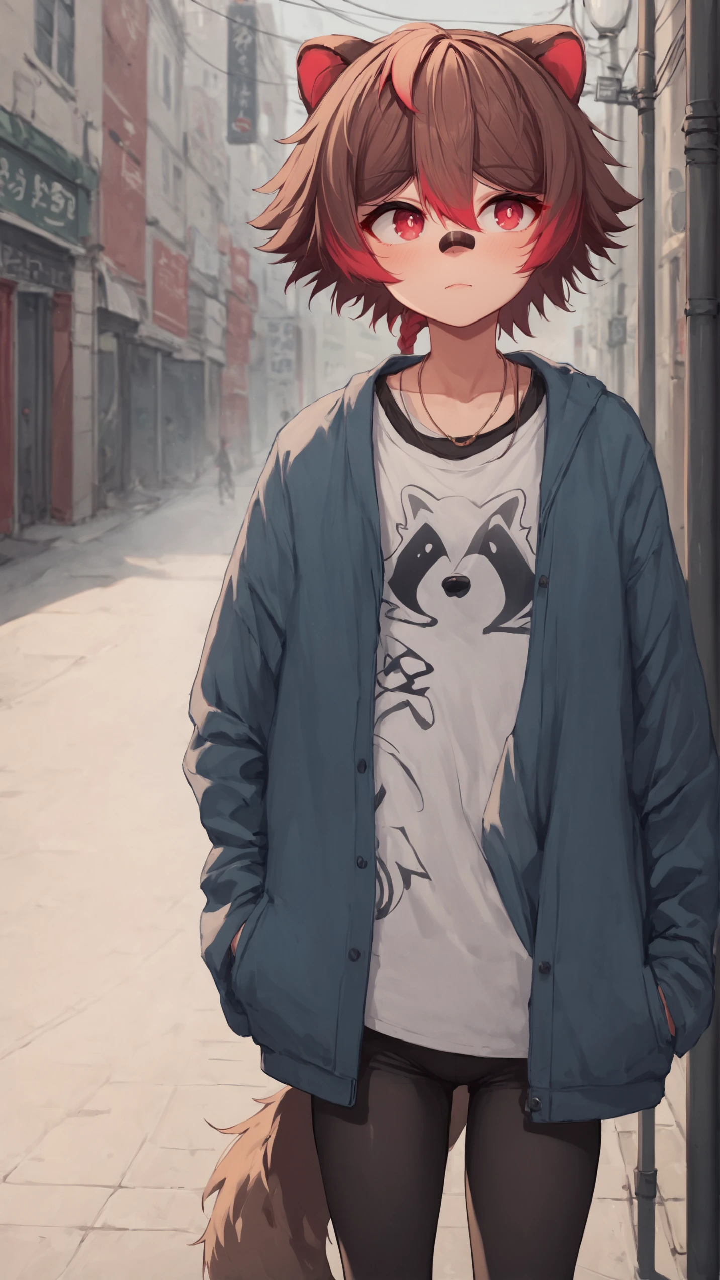 <lora:RakkunXL:1> rakkun, brown hair, multicolored hair, animal ears, red hair, short hair, red eyes, bandaid on face, bandaid on nose, bangs, bandaid, raccoon ears, hair between eyes, streaked hair,
t-shirt, black legwear, jacket, street, score_9, score_8_up, score_7_up,1girl,solo female, epic photograpy, extremely detailed, high quality, absurd res, high res, BREAK