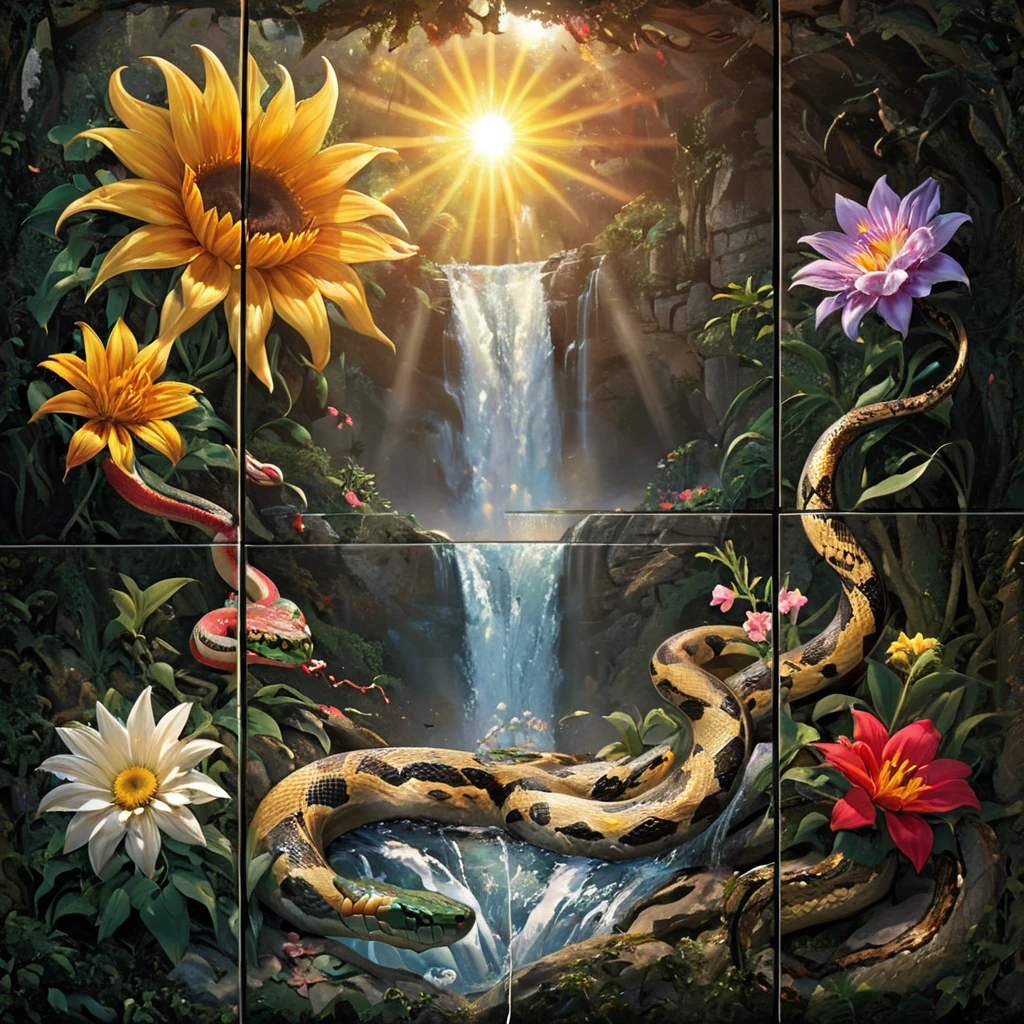 <lora:artfully4QUAD_SDXL_V1:1>, art4quad, sun, snake, waterfall, flower