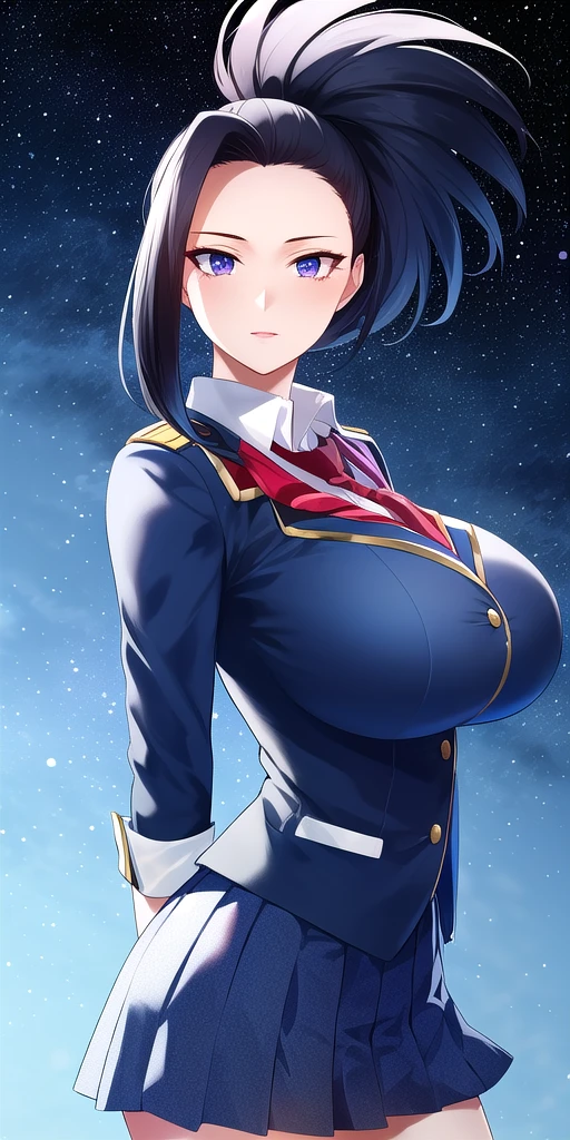 <lora:YaomomoV5:0.7> yaomomo, huge_breasts, standing, solo, arms_behind_back, starry_sky, school_uniform,, masterpiece, best_quality, detailed_face, detailed_eyes, highres, beautiful, detailed, absurdres,