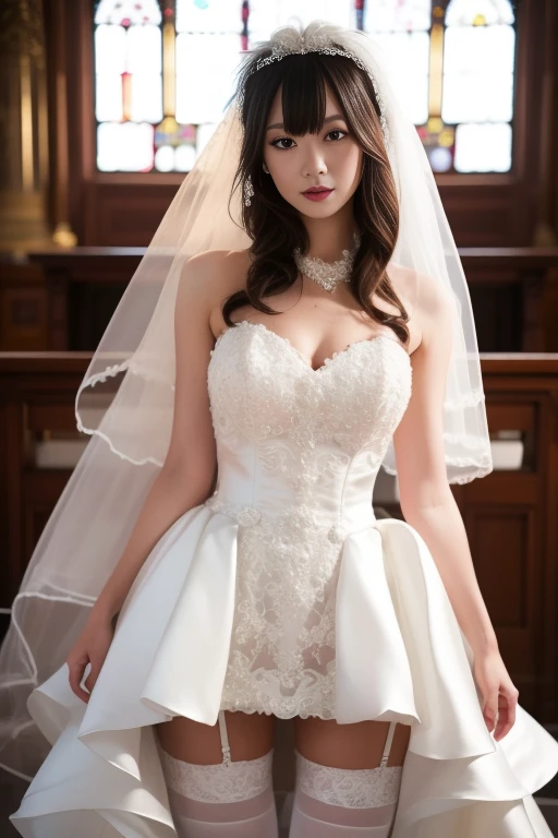 ltra-detailed,highly detailed,best quality,masterpiece,illustration,realistic,photorealistic,
qqhunsha, 
1girl, solo, bride, 
wedding dress, bridal veil, bridal garter, thighhighs, 
long hair, bangs, 
looking at viewer, 
<lora:qqhunsha_v1_04:0.8>