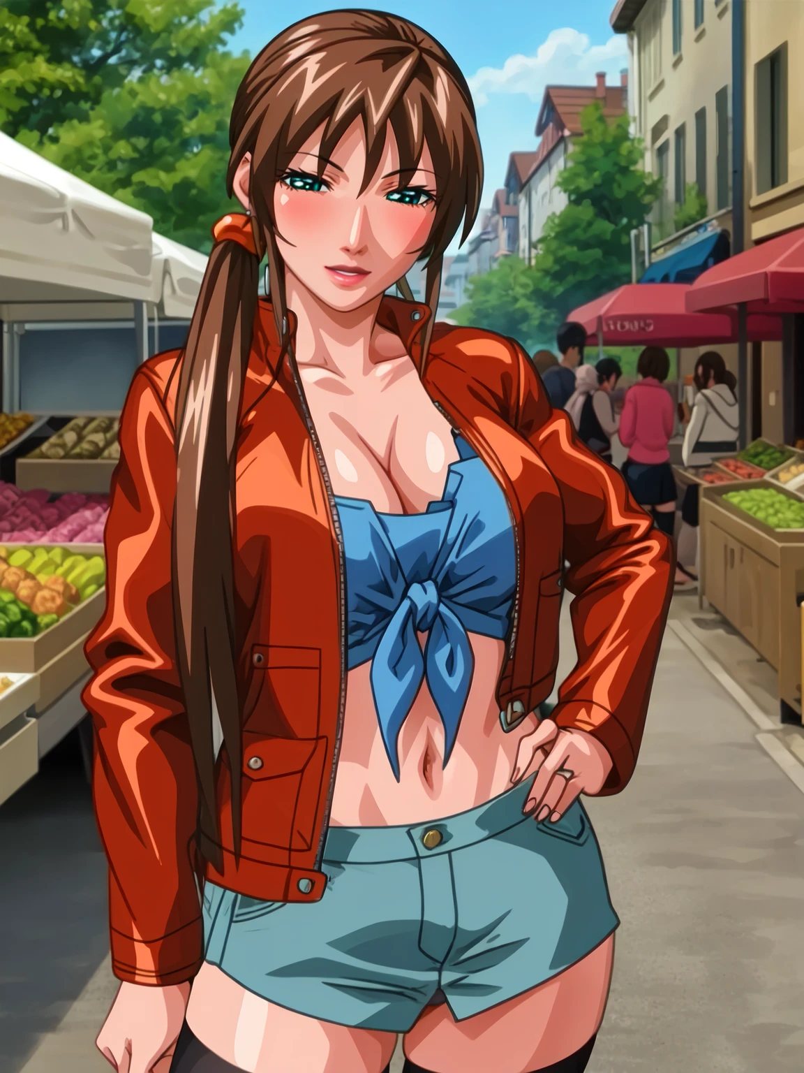 high quality, masterpiece,
Imari Kurumi is standing, cowboy girl, hands on own hip, bent over,
1girl, mature female, solo,
(looking at viewer:1.1), seductive smile, parted lips, half-closed eyes, blush, naughty face,
brown hair, sidelocks, side ponytail, green eyes, earrings, hair tie,
front-tie top, red jacket, open clothes, denim skirt, miniskirt, black thighhighs,
curvy, large breasts, cleavage, thighs, midriff,
outdoors, city, street, market stall, day, blue sky, town,
<lora:ImariKurumiNewTestament15:1>