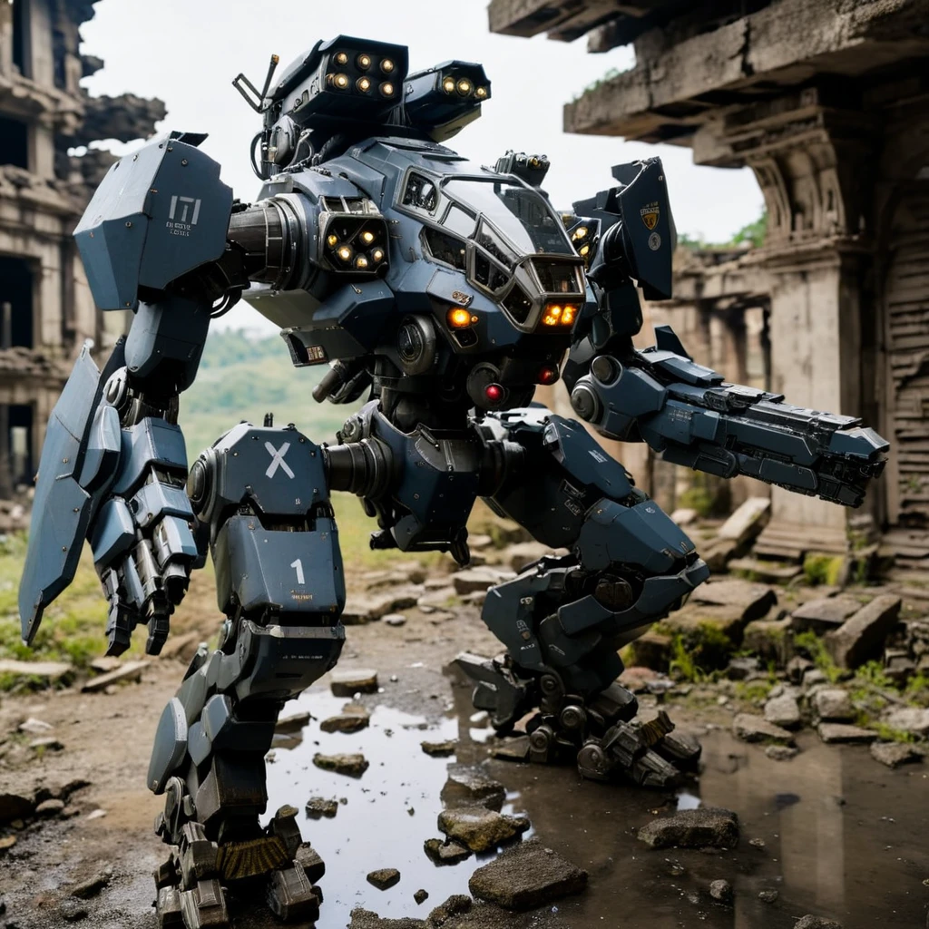 <lora:mecha:1>, photograph, highly detailed, mecha, robot, black skin, day, glass windsheild, outdoors, ruins, battle, size difference, colid light