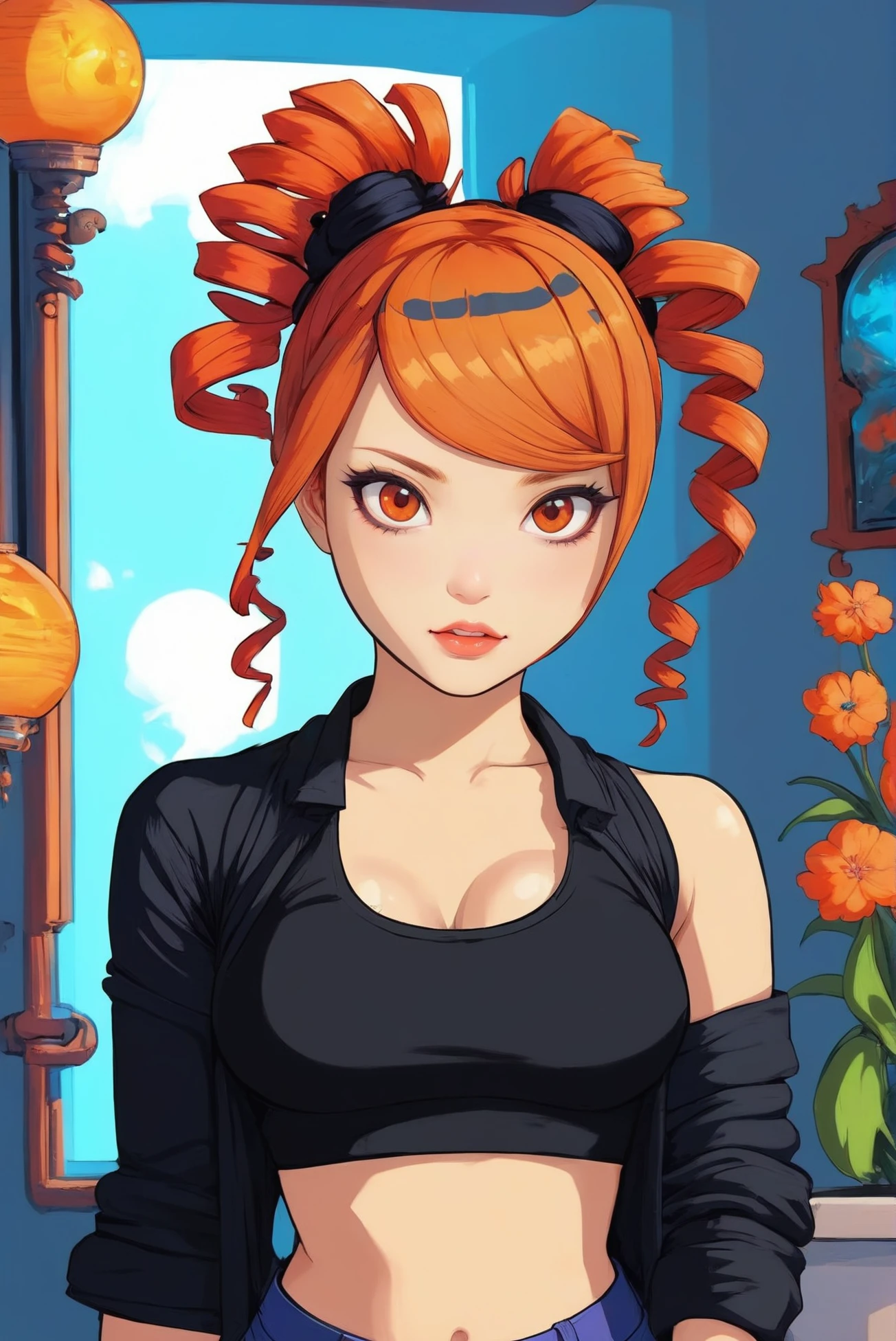 anime digital painting, 1girl, woman, goth sweet girl, cute, [:creative, outlandish costume design,:0.2], bombshell punk hair, orange hair, Frohawk,ponytail, bombshell hair, black hair, swept bangs, thick thighs, narrow waist, korean, Inner Sanctum \(room\) in a lively scifi hamlet in a Coral Reef<lora:EnvyStarlightDivergent01g:1.25>