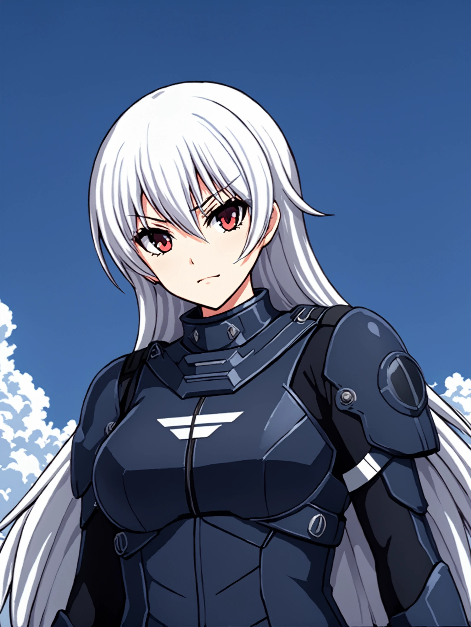 masterpiece, best quality,
anime coloring, cel shading, 
 <lora:harukakuramori.sdxl.v3:0.8> haruka kuramori,white hair,
1girl,solo,
long hair,
 <lora:Helldivers_V2:0.8> hll style, close up helldiver,
cowboy shot,