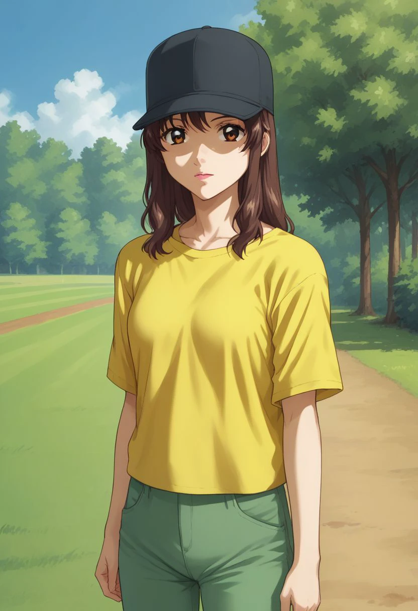 score_9, score_8_up, score_7_up, source_anime, 
murrue, 1girl, hat, brown hair, brown eyes, solo, baseball cap, yellow shirt,  pants, green pants, 
outdoor,