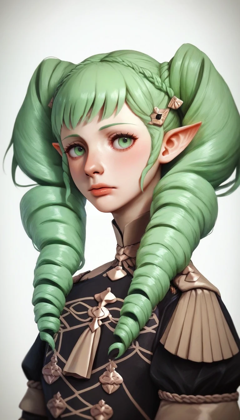 zPDXL, score_9, score_8_up, score_7_up, score_6_up, score_5_up, score_4_up, 1girl,drill hair,fire emblem,fire emblem: three houses,flayn \(fire emblem\),garreg mach monastery uniform,green eyes,green hair,hair ornament,hairclip,moke mokke,pointy ears,solo,twin drills,uniform,white background, <lora:srreal:1>