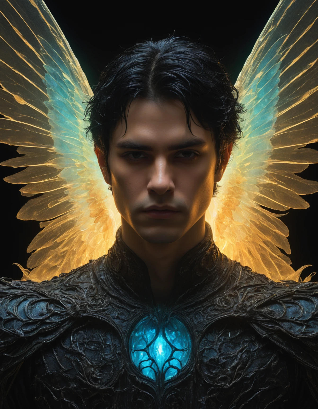 artiangel, portrait view, (angelic, male, gothic, glowing, translucent, bioluminescent, imposing, ethereal, dangerous, black haired:1.5), poster art, bold lines, hyper detailed, expressive,  award winning,  (movie still:1.4), (professional, finest details, masterpiece, best quality:1.5), looking at viewer, highly dynamic pose, wide angle view
<lora:artiangel:0.5>