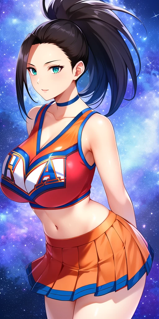 <lora:YaomomoV6:0.7> yaomomo, huge_breasts, standing, solo, arms_behind_back, starry_sky, cheerleader_orange_crop_top_orange_miniskirt_green_choker,, masterpiece, best_quality, detailed_face, detailed_eyes, highres, beautiful, detailed, absurdres,