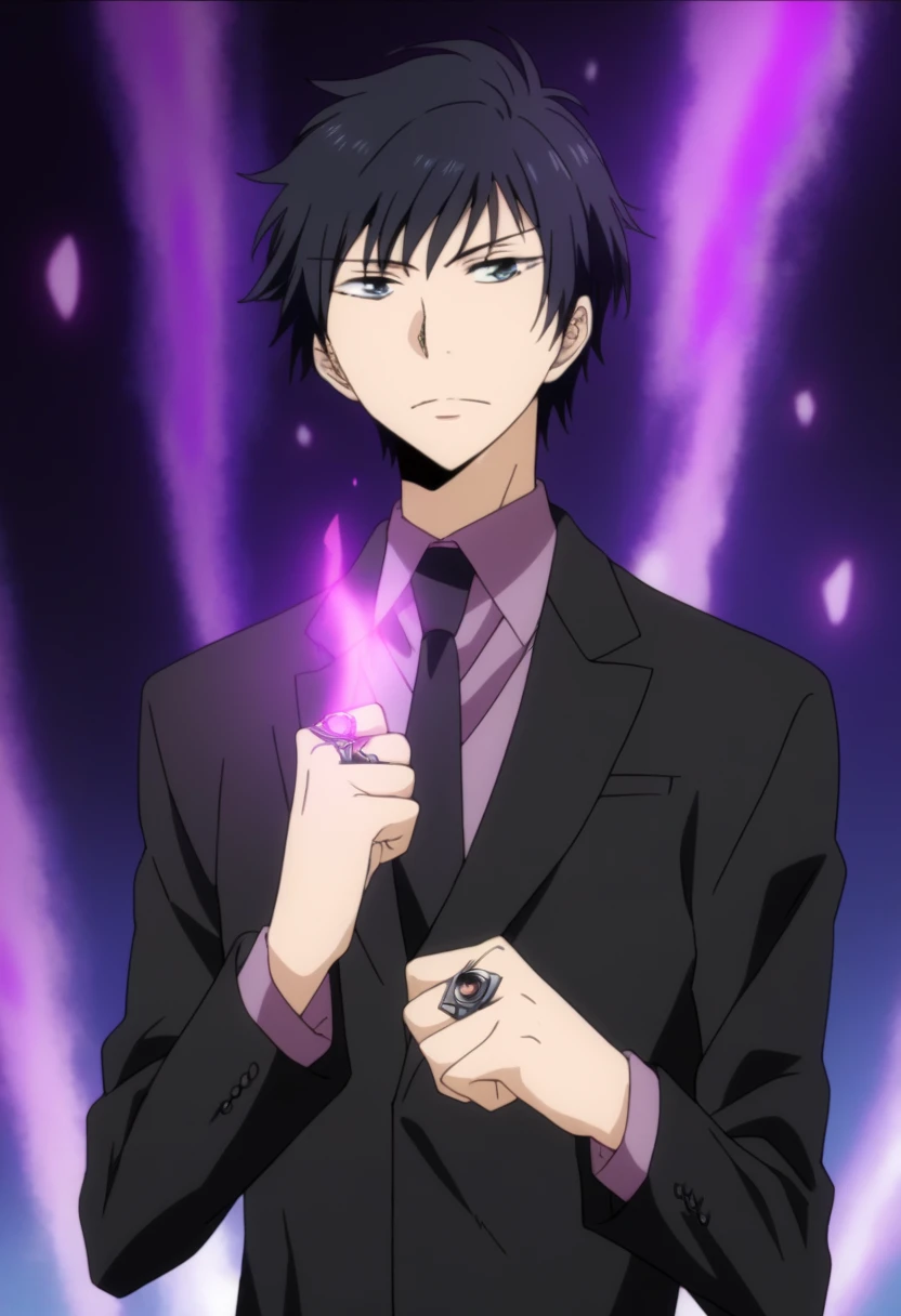 score_9, score_8_up, score_7_up, score_6_up, highly detailed, masterpiece, best quality,detailed,intricate details, amazing quality, best aesthetic, absurdres, hibari_tyl, black hair, gray eyes, 1boy, male focus, solo, necktie, purple shirt, formal, suit, ring, purple flames<lora:EMS-391465-EMS:1.000000>