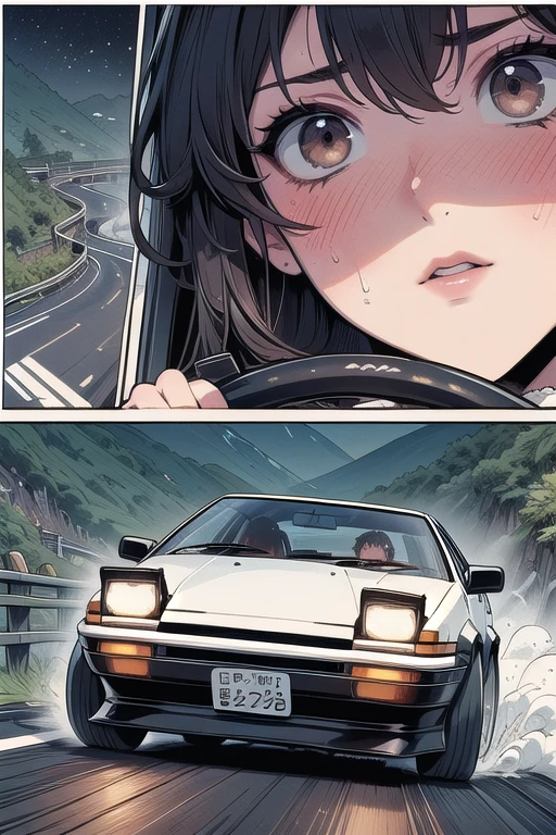 (((masterpiece))), (((best quality))), (((from below))), (((drifting style))), ((comic)), ((manga)), motion lines, motion blur, speed, driving, sports car, holding steering wheel, seatbelt, sweat, ruthless, reflection, wet, dust, wind, cliff, night, slope, uphill, downhill, AE 86, Initial D, mountain road, starry sky, solo, 1girl, sweating, serious, cleavage, big tits, shy, blush, slim figure, <lora:50pics_driftingstyle:0.9>