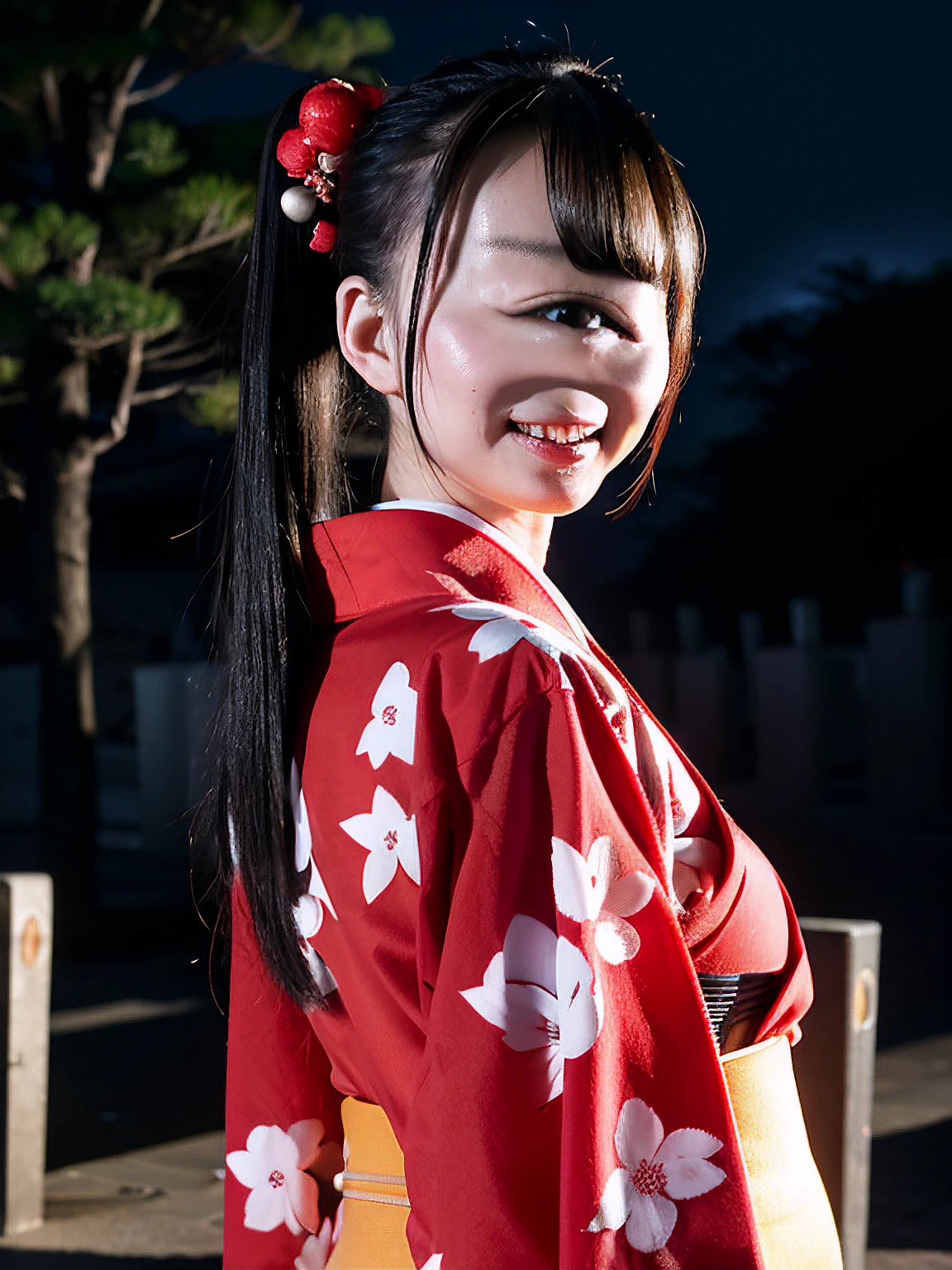 photo of A girl with ponytail hair in a red kimono and hair ornaments looking back to the viewer with a smile at a Japanese graveyard, (nighttime:1.3), tombstones and trees in background, white mist, horror vibe . photorealistic, masterpiece, HDR, 8k, professional lighting, highly detailed