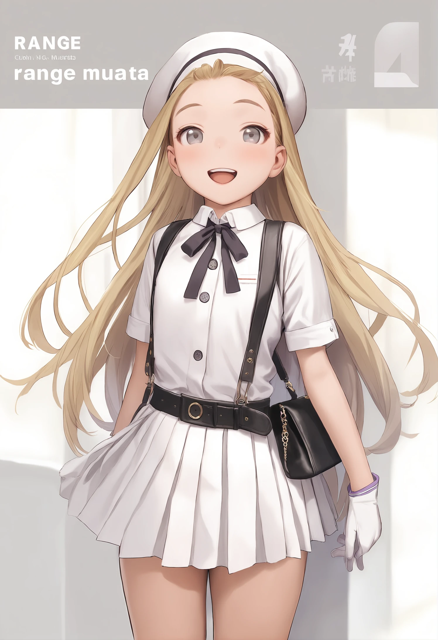 1girl,
murata range,
open mouth, buttons, smile, handbag, bag, grey eyes, solo, gloves, beret, skirt, shirt, copyright name, dress shirt, blonde hair, flat chest, neck ribbon, very long hair, ribbon, looking at viewer, white shirt, belt, blush, suspenders, suspender skirt, long hair, pleated skirt, hairband, hat, cowboy shot, character name, white hairband, white skirt,
masterpiece, best quality, newest, safe
<lora:murata_range_image737_2024-03-28_a31:1>