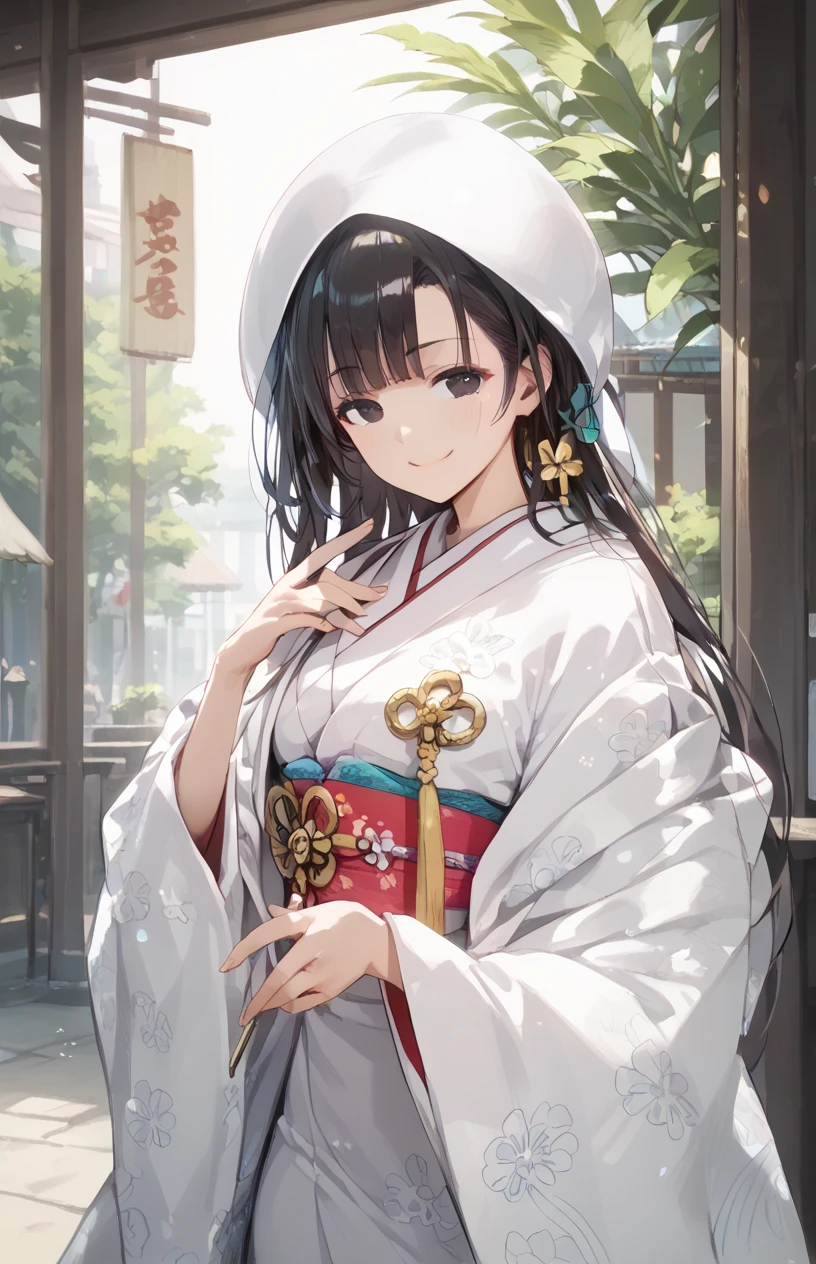 shiromuku,kimono,<lora:shiromuku-XLPony_003:1>,score_9,score_8_up,score_7_up,score_6_up,source_anime,masterpiece,best quality,perfect anatomy,very aesthetic,1girl,smile,black eyes,