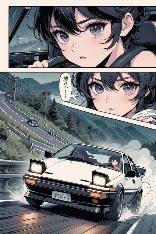 (((masterpiece))), (((best quality))), (((from below))), (((drifting style))), ((silent comic)), ((japan manga)), motion lines, motion blur, speed, driving, sports car, holding steering wheel, seatbelt, sweat, ruthless, reflection, wet, dust, wind, cliff, night, slope, uphill, downhill, AE 86, Initial D, mountain road, starry sky, solo, 1girl, serious, cleavage, big tits, slim figure, <lora:50pics_driftingstyle:0.9>