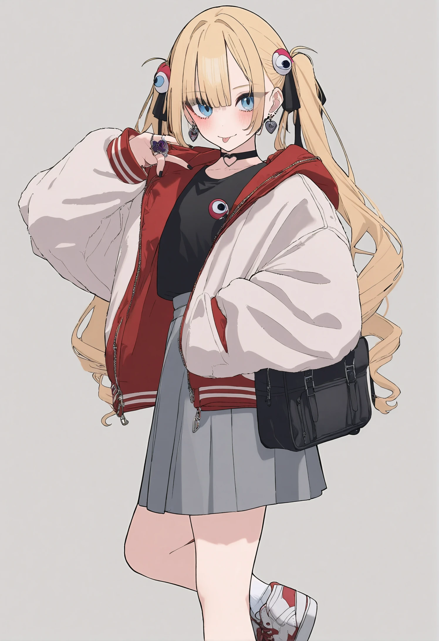 1girl,
luvluvvox,
handbag, red jacket, twintails, heart choker, socks, jewelry, simple background, grey skirt, eyeball hair ornament, :p, character pin, blue eyes, shoes, choker, black choker, shirt, solo, skirt, black bag, tongue, tongue out, sneakers, jacket, smile, heart, blonde hair, white footwear, closed mouth, black shirt, ring, grey background, earrings, white socks, looking at viewer, blush, long sleeves, long hair, bag,
masterpiece, best quality, newest
<lora:luvluvvox_image58_2024-03-28_a31-000055:1>