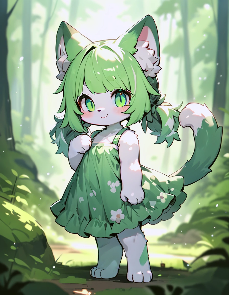 cute furry cat girl, green hair, white and green fur, two tone fur, blunt bangs, twintail hair, light green eyes, cat tail,
two tone face color, white and green face,

half closed eyes, smile,

white and green dress,
looking at viewer,
in forest, full body,

best quality, ultra-detailed, detailed face,