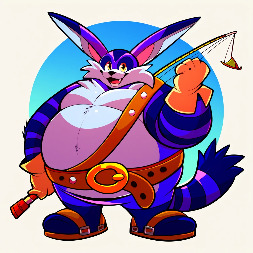 score_9, score_8_up, score_7_up, score_6_up, score_5_up, score_4_up, belt, big the cat, blue sky, fat man, full body, gloves, hand up, holding, long ears, open mouth, purple skin, smile, stripey arms, stripey tail, tail, fat, Fishing, looking at viewer, lake background <lora:Big_The_Cat_PonyXL:1>