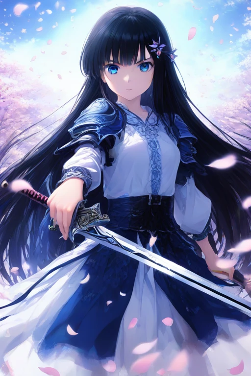 1girl,looking at viewer,black hair, blue eyes, holding sword,long hair, ,hair ornament,outdoors,sunlight, petals,