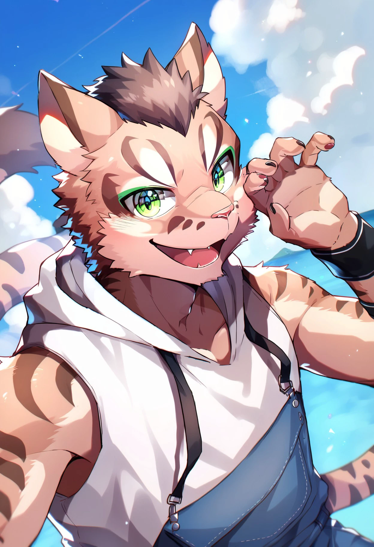 score_9,score_8_up,score_7_up,shu_chi, 1boy, male focus, green eyes, furry, furry male, solo, tail, animal ears, looking at viewer, white hoodie, hood, sky, hoodie, sleeveless hoodie, smile, blue sky, fangs, open mouth, wristband, upper body, cat boy, cat ears, overalls, outdoors, cloud, day, cat tail ,<lora:Linhu&Shuchi_PonyXL:1>